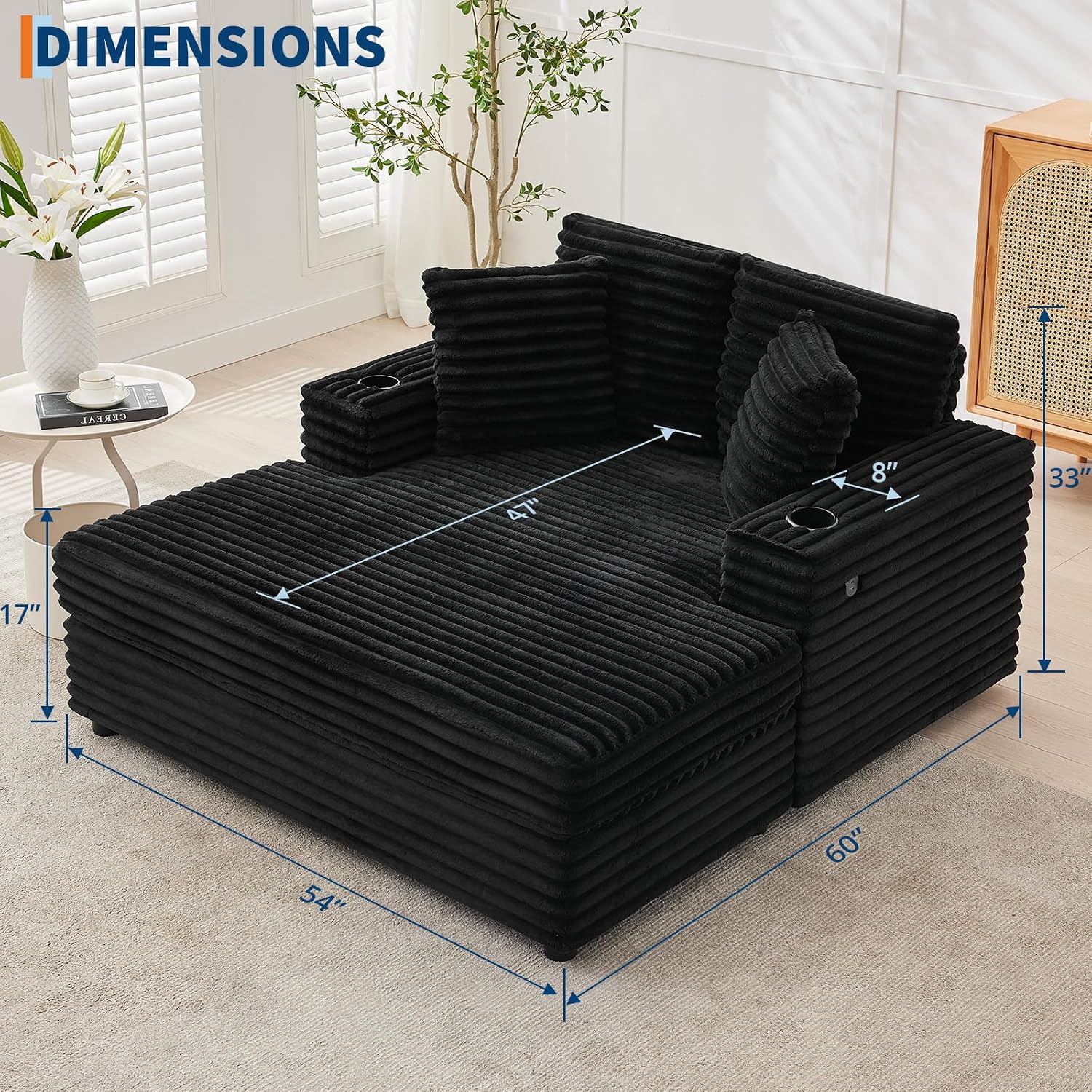 GarveeHome Oversized Chaise Lounge Chair Indoor, 56x60 in Comfortable Corduroy Lounge Sofa with Charging Ports & Cup Holders, Cozy Reading Couch for Bedroom Living Room Apartment, Black (Black)