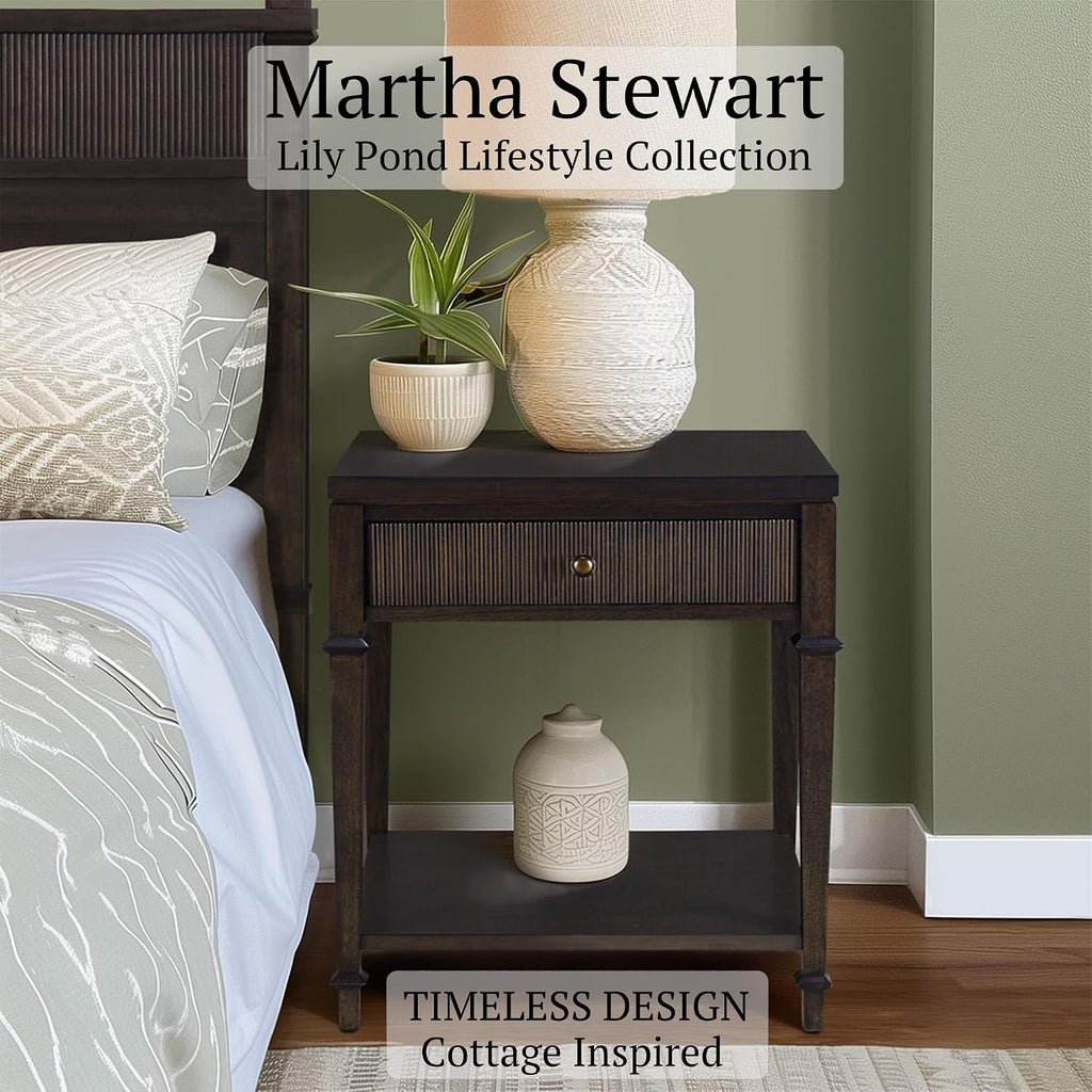 Martha Stewart Kenna Drawer Nightstand for Bedroom Nightstand with Drawer Lily Pond Collection Bedside Table Cottage Design Fluted Drawer, Metal Hardware, Coastal Bedroom Furniture, 26' H Dark Coffee