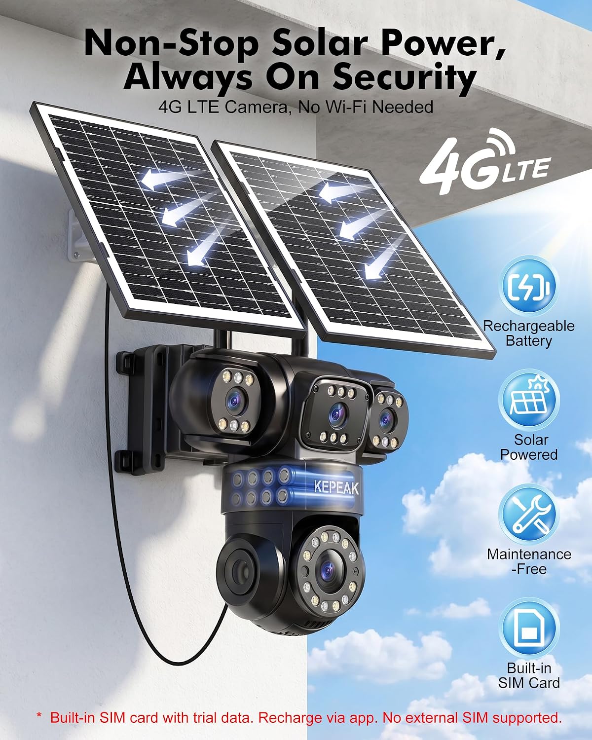 KEPEAK 4G LTE Cellular Solar Security Camera Wireless Outdoor, 4 Lens No WiFi Solar Powered Camera, Color Night Vision, PIR Motion Sensor, 2 Way Talk, Built in SIM Card