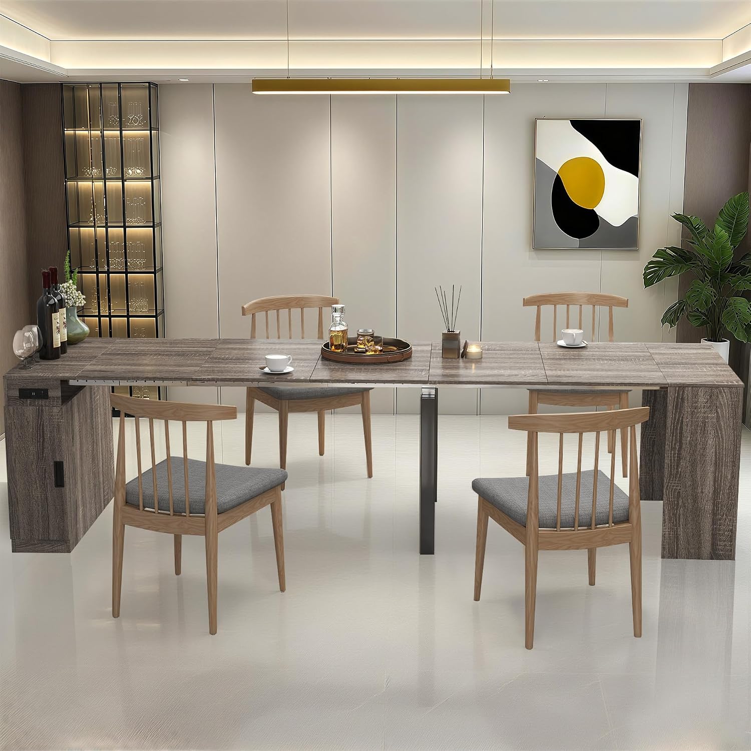 24''- 118'' Extendable Dining Room Table, Expandable Dining Table, Modern Large Table, for 2-12 Person(with Cabinet & Outlet), Barnwood Brown