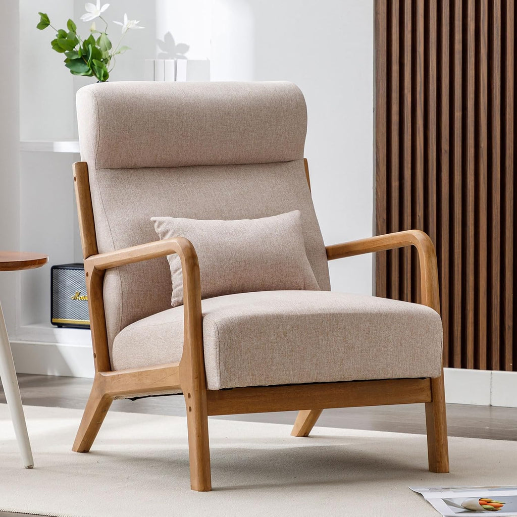 ANJ Mid Century Modern Accent Chair with High Back, Single Lounge Armchair with Solid Wood Frame, Comfy Reading Chair for Living Room, Easy Assembly