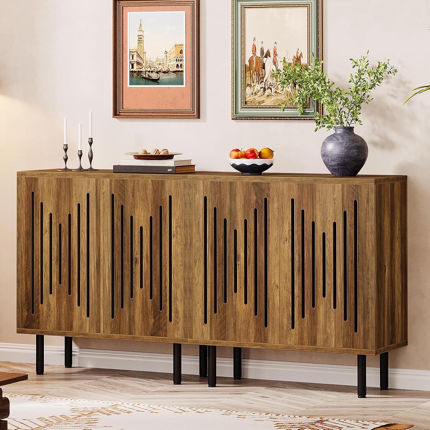 Tribesigns Set of 2 Sideboard Buffet with Storage, 59' Buffet Sideboard Cabinet with Adjustable Shelves, Accent Storage Cabinet for Living Room, Rustic Brown