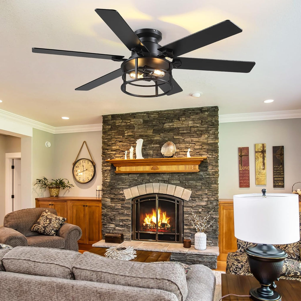 Hounberi 52' Caged Ceiling Fan with Lights and Remote, 6-Speed Quiet DC Motor & E26 Base, 6 Reversible Blades for Black & Wood, Modern Rustic Low Profile Ceiling Fans for Bedroom & Living Room