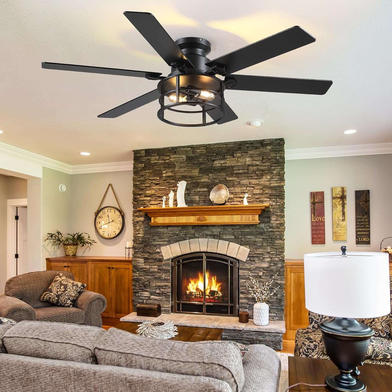Hounberi 52' Caged Ceiling Fan with Lights and Remote, 6-Speed Quiet DC Motor & E26 Base, 6 Reversible Blades for Black & Wood, Modern Rustic Low Profile Ceiling Fans for Bedroom & Living Room