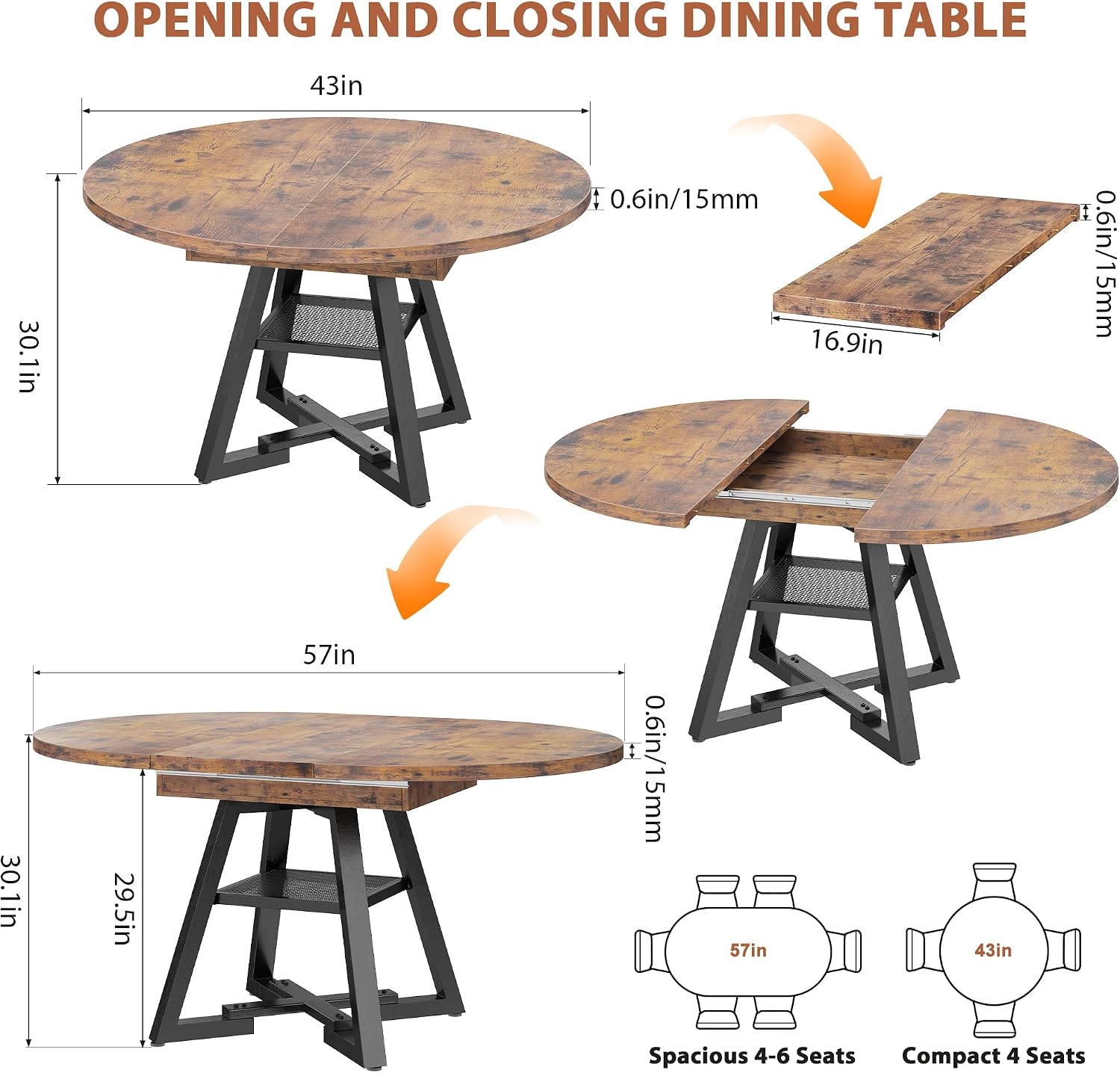 43''-57'' Extendable Round Dining Table for 4-6, Modern Industrial Kitchen Oval Dining Table with Removable Leaves, Space Saving Pedestal Base with Storage Shelf for Kitchen Living Room (Vintage)