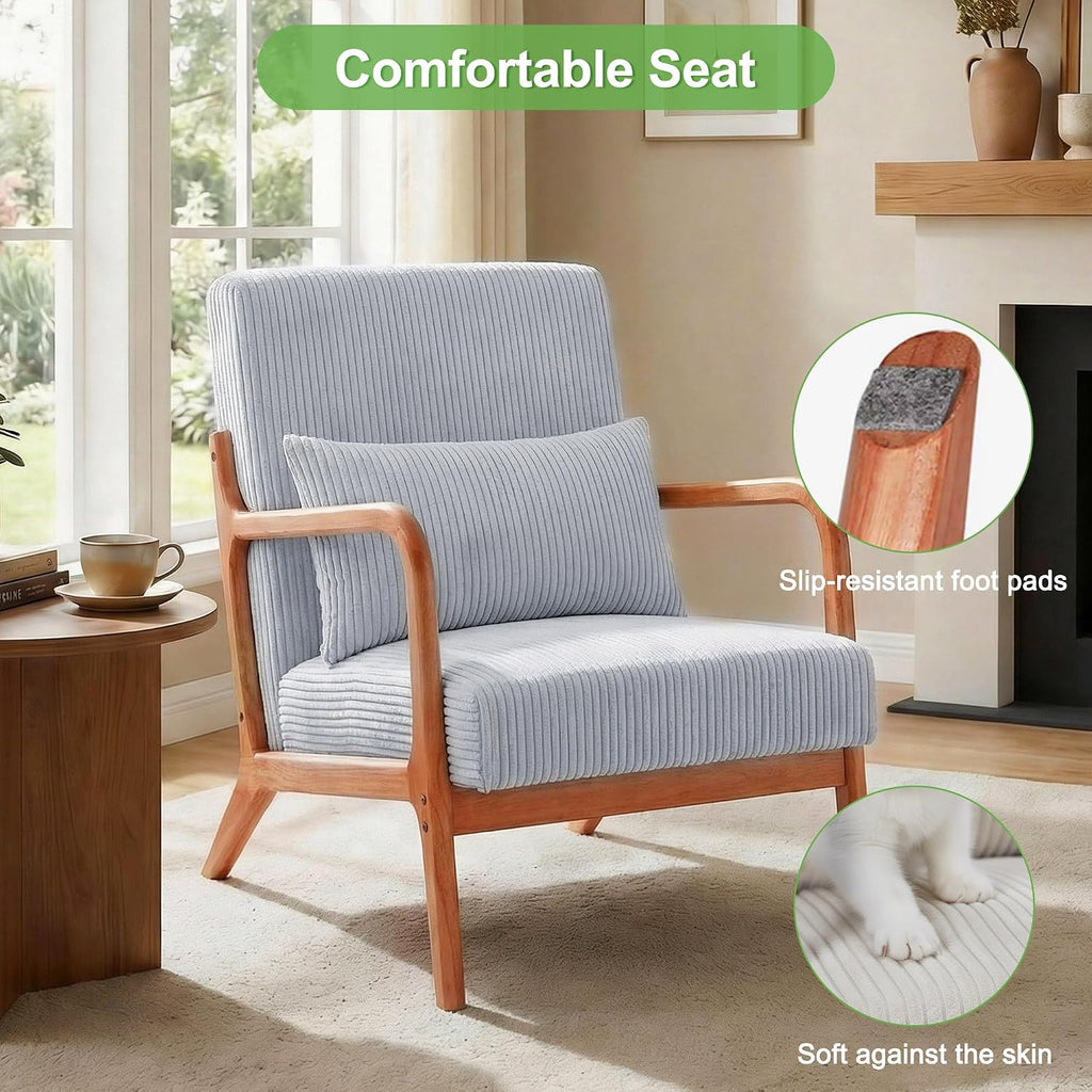 Mid Century Modern Accent Chair with Solid Rubberwood Frame, Comfy Corduroy Reading Armchair with Lumbar Pillow, Compact Lounge Chair for Bedroom, Nursery & Small Spaces, Light Grey