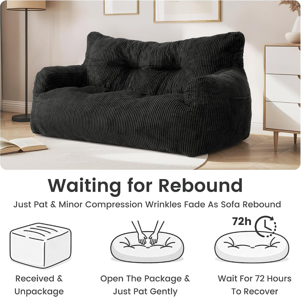 59' Bean Bag Chair,2 Seat Loveseat Sofa,Corduroy Lazy Sofa Bed for Adults,Fit Living Room, Bedroom,Outdoor Spaces,Ultra Soft Dutch Velvet,Fluffy Comfort Cover,Black