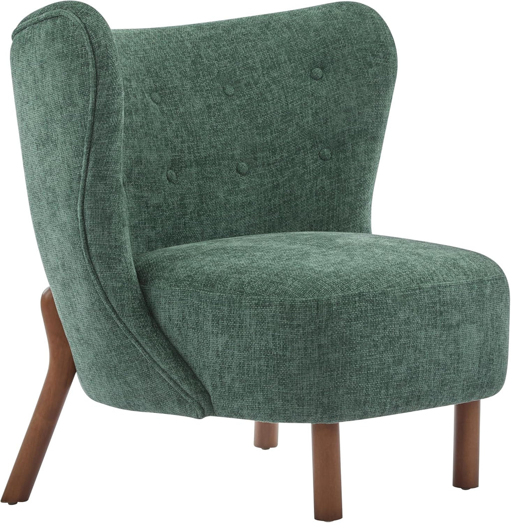Christopher Knight Home Bella Fabric Upholstered Tufted Wingback Armless Accent Chair, Side Chair with Wooden Legs, Slipper Chair for Living Room, Bedroom, Entryway, Green+Brown