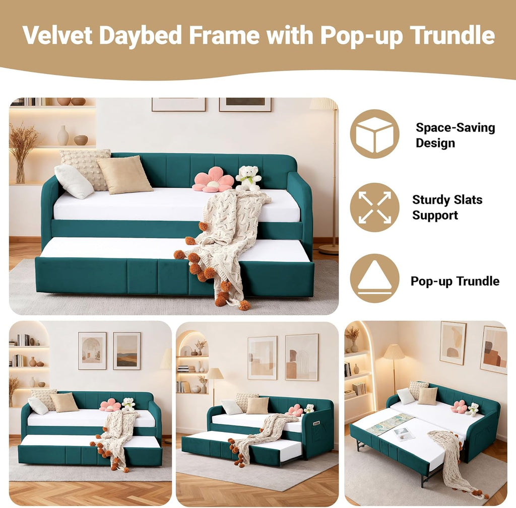 DNYN Twin Size Velvet Daybed Frame with Pop-up Trundle Bed for Bedroom Guest/Living Room, Space-Saving Upholstered Sofabed with USB Port & Side Pocket, No Box Spring Needed