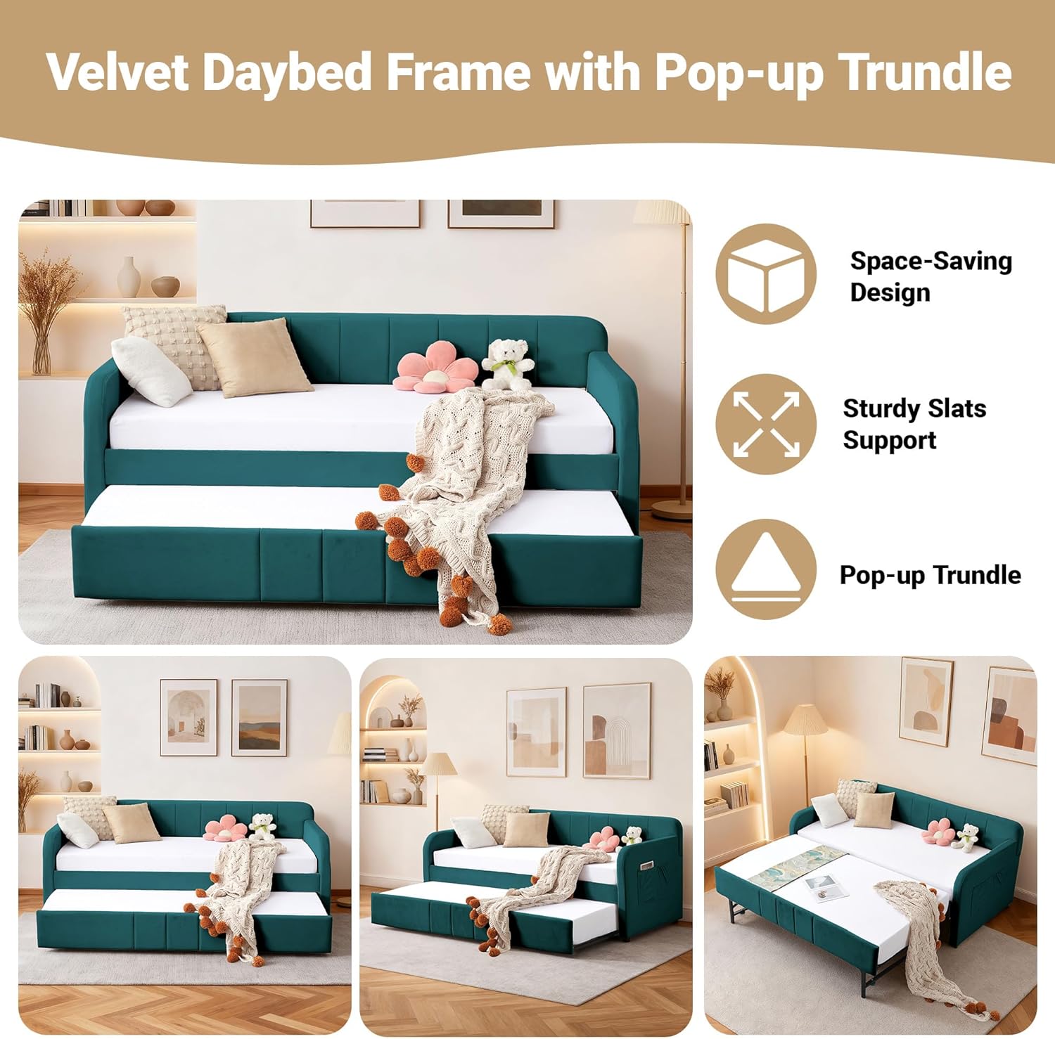 DNYN Twin Size Velvet Daybed Frame with Pop-up Trundle Bed for Bedroom Guest/Living Room, Space-Saving Upholstered Sofabed with USB Port & Side Pocket, No Box Spring Needed