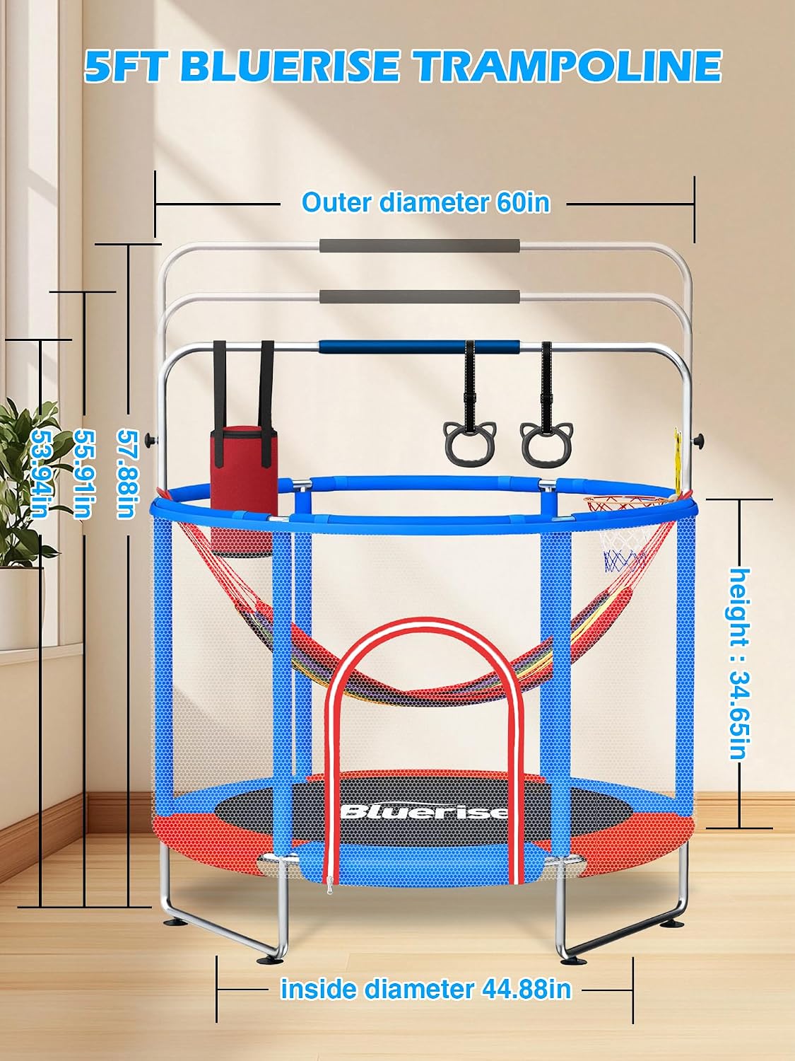 BLUERISE 60' Trampoline for Kids 5FT Toddler Trampolines Indoor/Outdoor with Adjustable Gymnastics Bar & Safety Net, No-Gap Design, Anti-Rollover Bottom, Basketball Hoop, Gifts for Boys & Girls