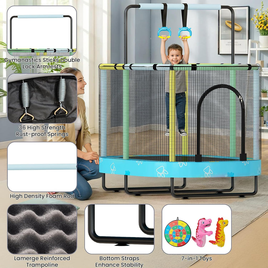 Lamerge Kids Trampoline, Toddler Bouncing Trampoline with Safety Enclosure Net, ASTM-Approved, 500lbs Capacity, Ages 1-8, Adjustable Handrail, 7-in-1, 60'