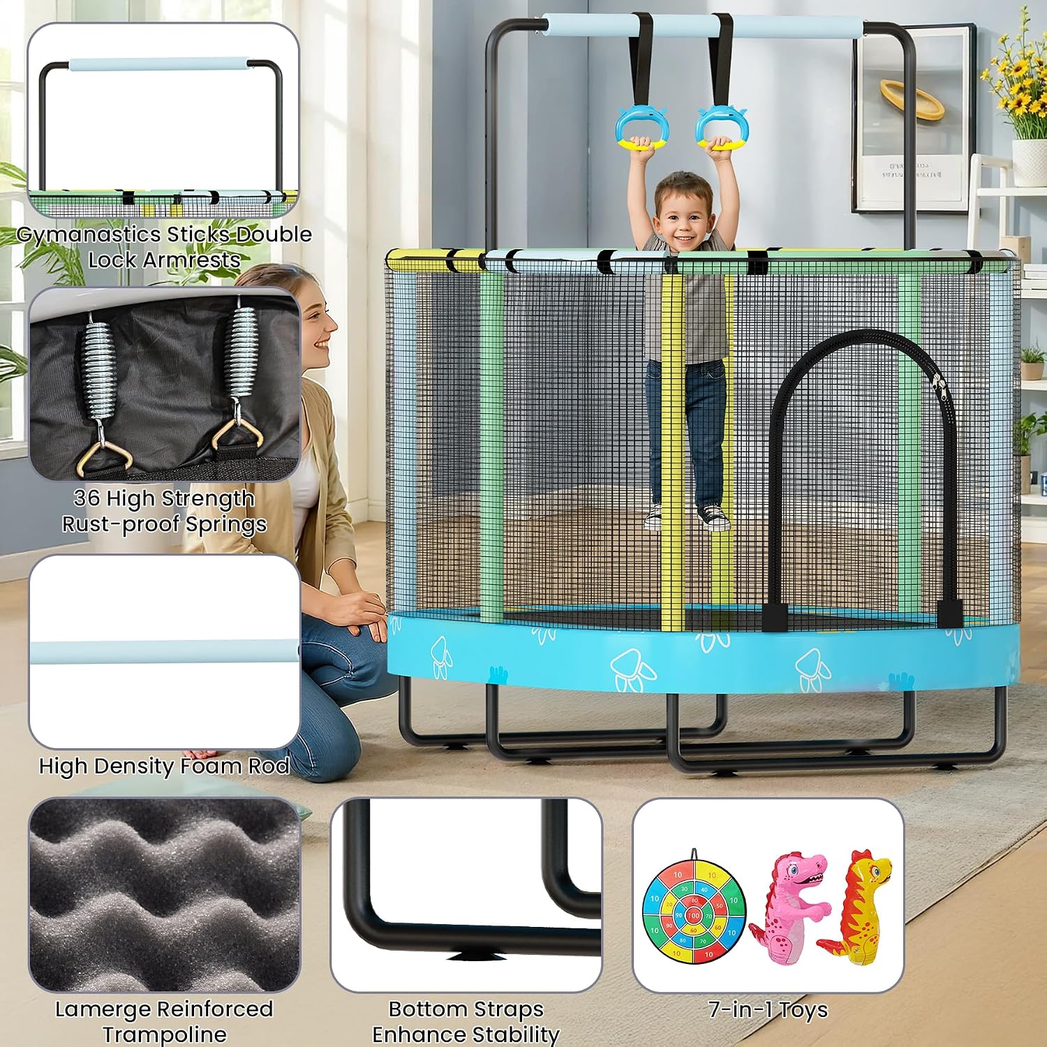 Lamerge Kids Trampoline, Toddler Bouncing Trampoline with Safety Enclosure Net, ASTM-Approved, 500lbs Capacity, Ages 1-8, Adjustable Handrail, 7-in-1, 60'