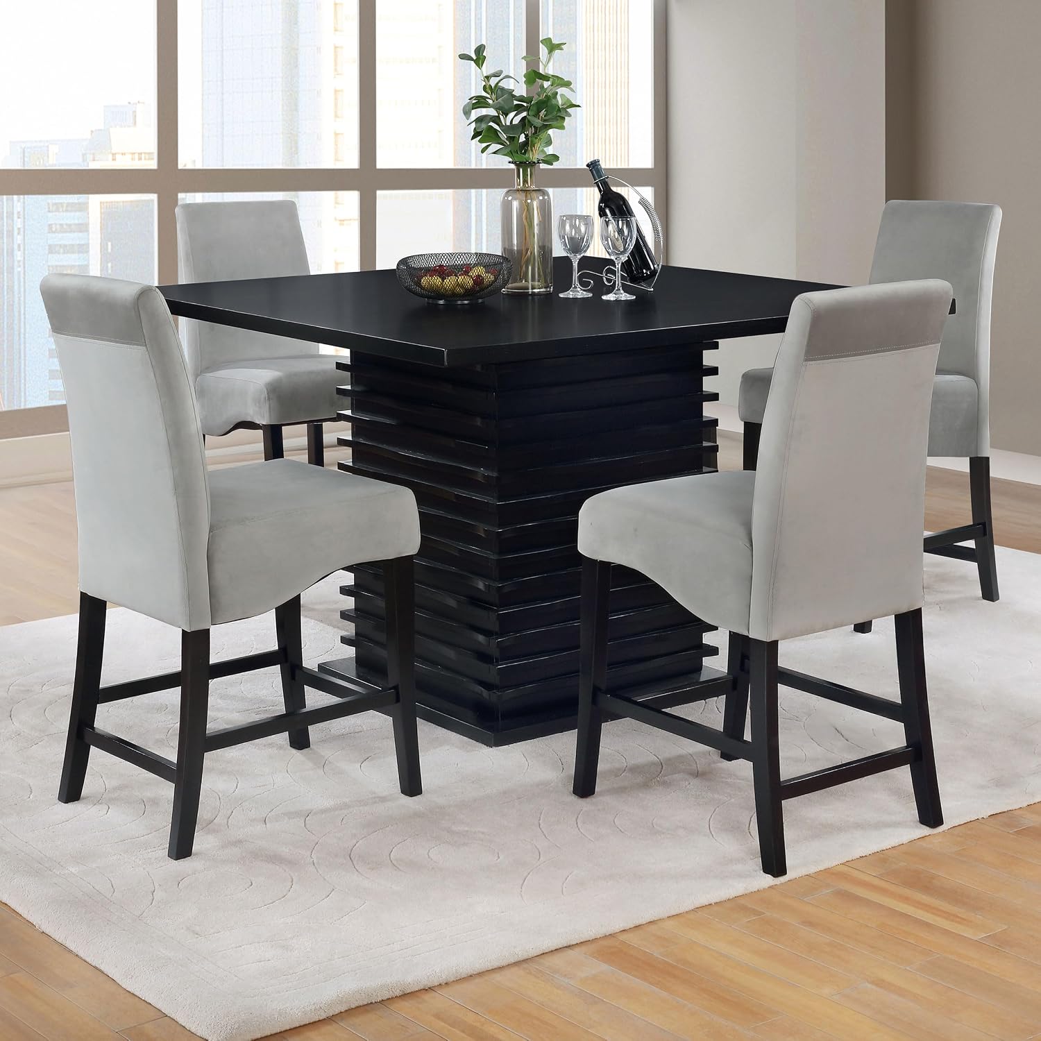 Coaster Home Furnishings - Stanton - 5-Piece Counter Height Dining Set - Square Wood Table with 4 Grey Upholstered Chairs - Dining Room & Kitchen - Black - 102068-S5