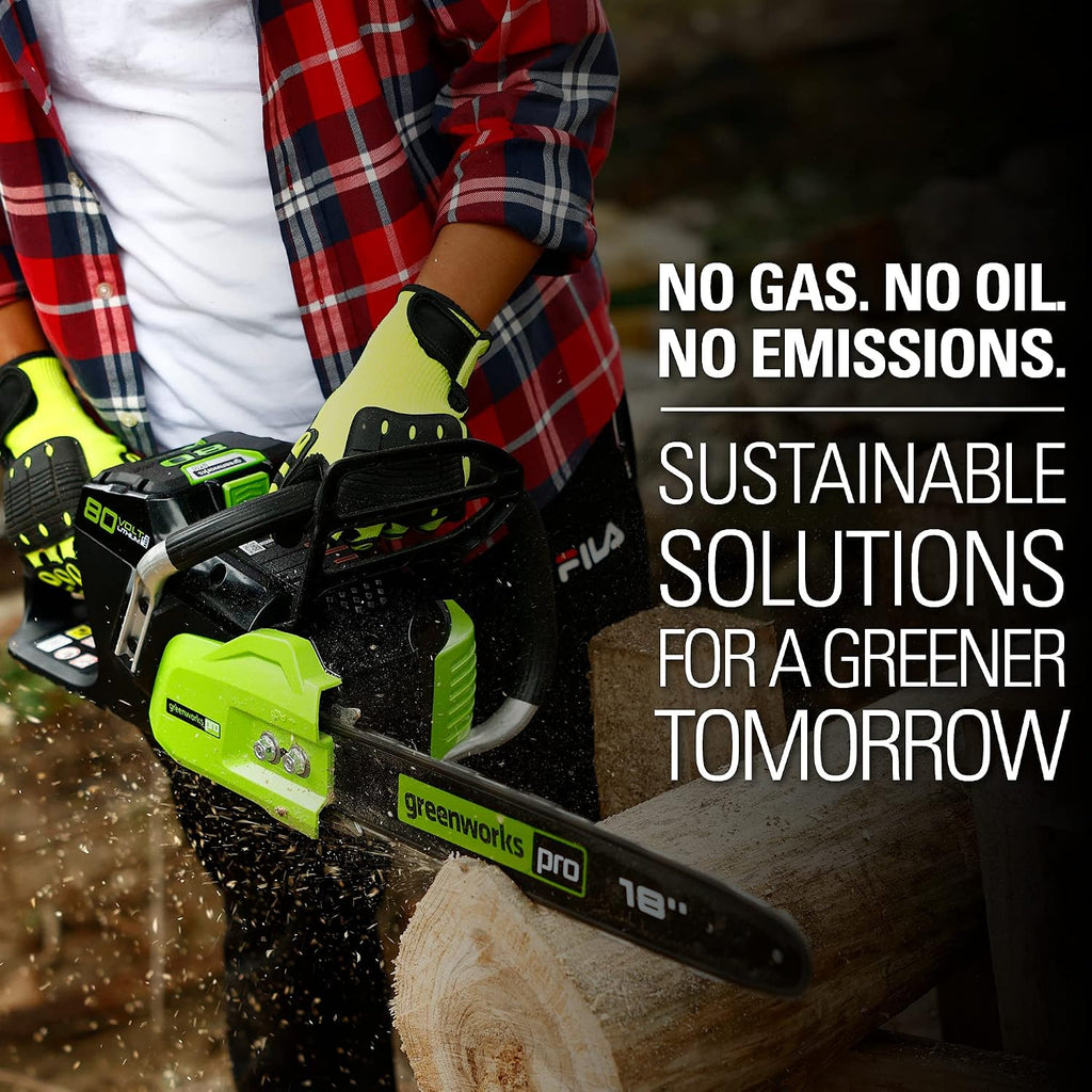 Greenworks 80V 18' Brushless Cordless Chainsaw (Great For Tree Felling, Limbing, Pruning, and Firewood) / 75+ Compatible Tools), 2.0Ah Battery and Rapid Charger Included