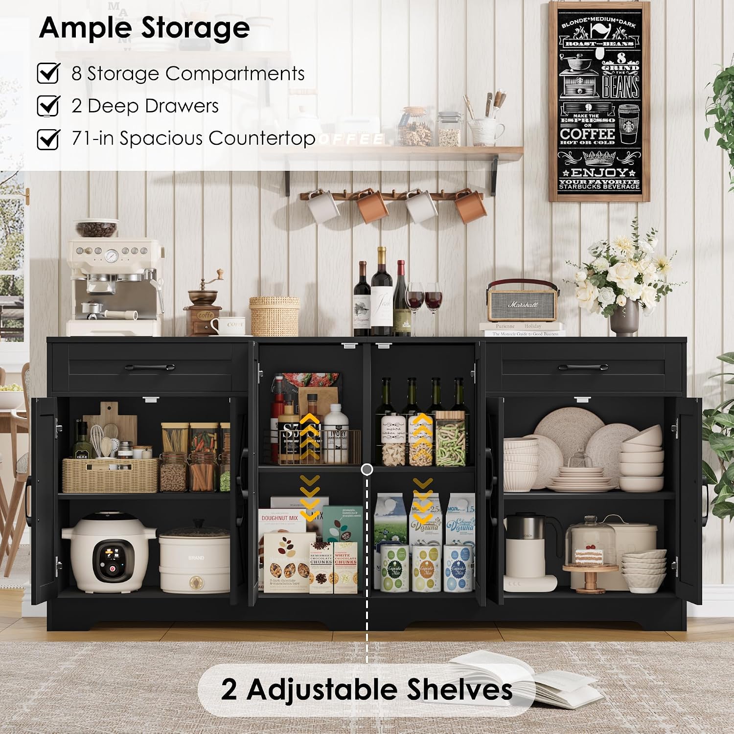 BOTLOG 71' Large Sideboard Buffet Cabinet with Storage, Farmhouse Kitchen Buffet Cabinet with Adjustable Shelves and 6 Barn Doors, Wood Coffee Wine Bar Console Table for Kitchen, Dining Room, Black