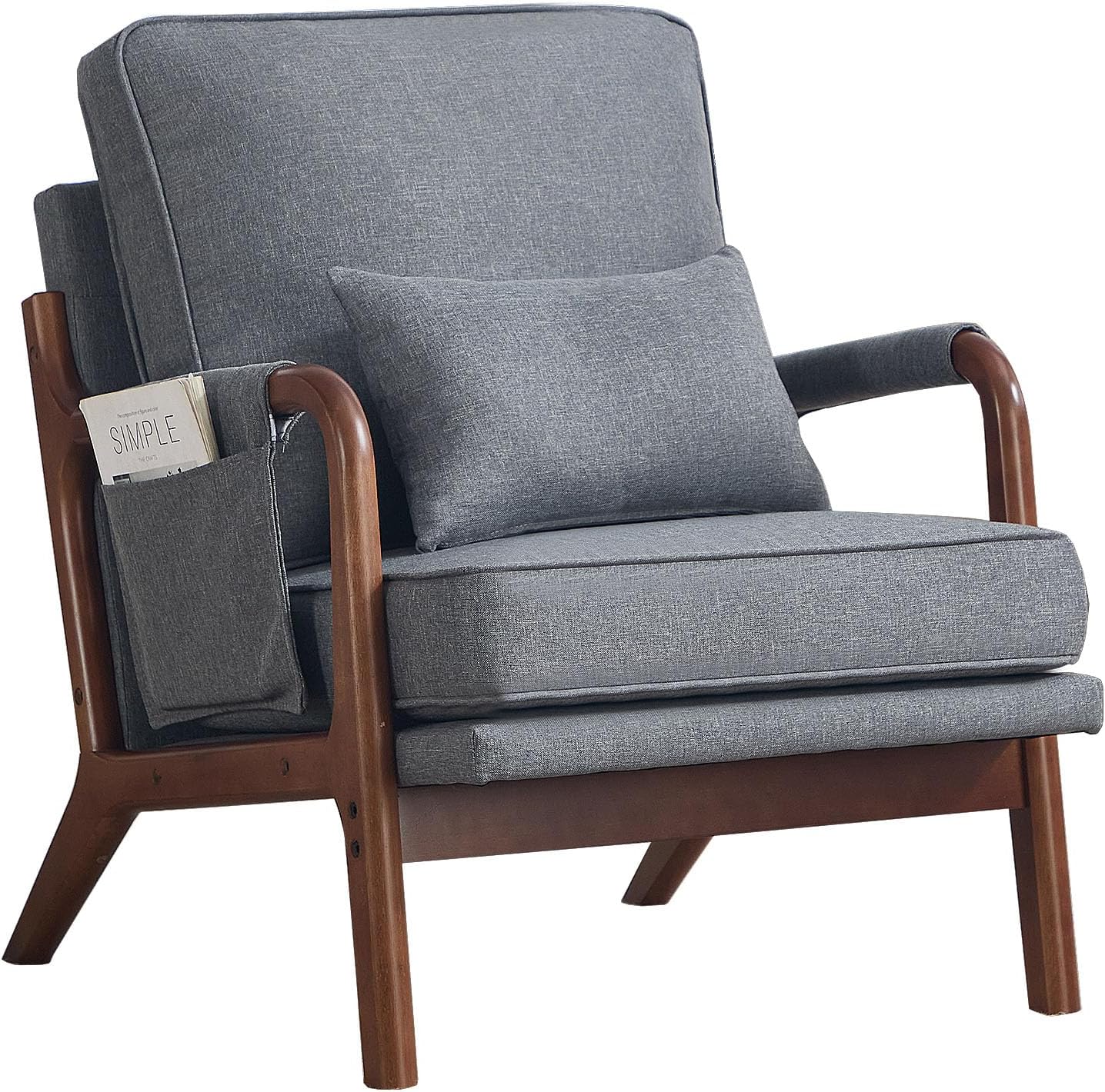 ANJ Mid Century Modern Accent Chair, Lounge Reading Armchair with Extra Side Pocket & Detachable Cushion, Comfy Fabric Accent Chairs for Living Room, Bedroom,Grey