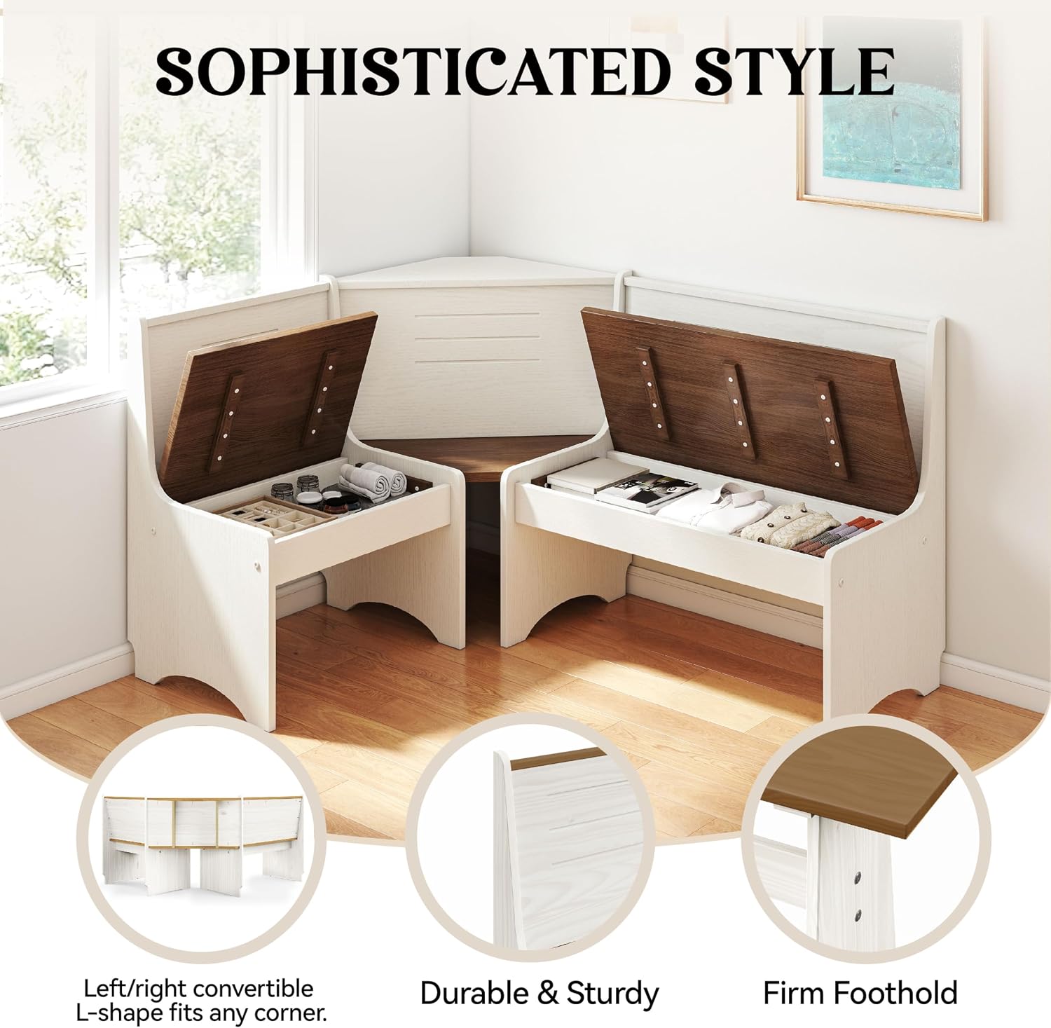 Breakfast Nook Kitchen Corner Dining Table Bench Chair Set, Hidden Storage Space-Saving 3-5 Seat L-Shape for Farmhouse Family Home White Brown Wood