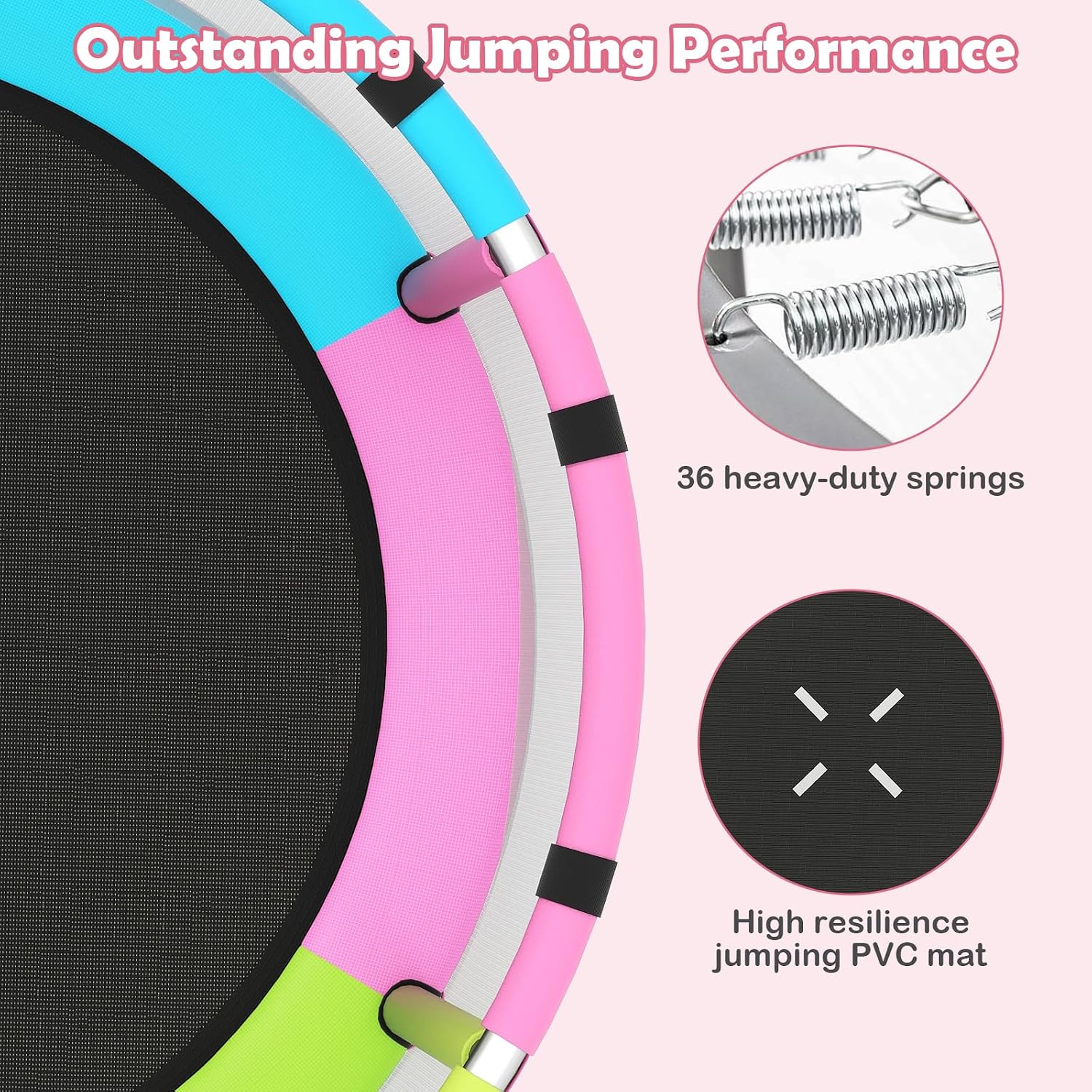 OLAKIDS 55' Trampoline for Kids, Indoor Outdoor Adjustable Toddler Trampoline with Safety Enclosure Net, Baby Recreational Trampolines with Basketball Hoop Hammock Boxing Bag Gymnastic Bar Rings