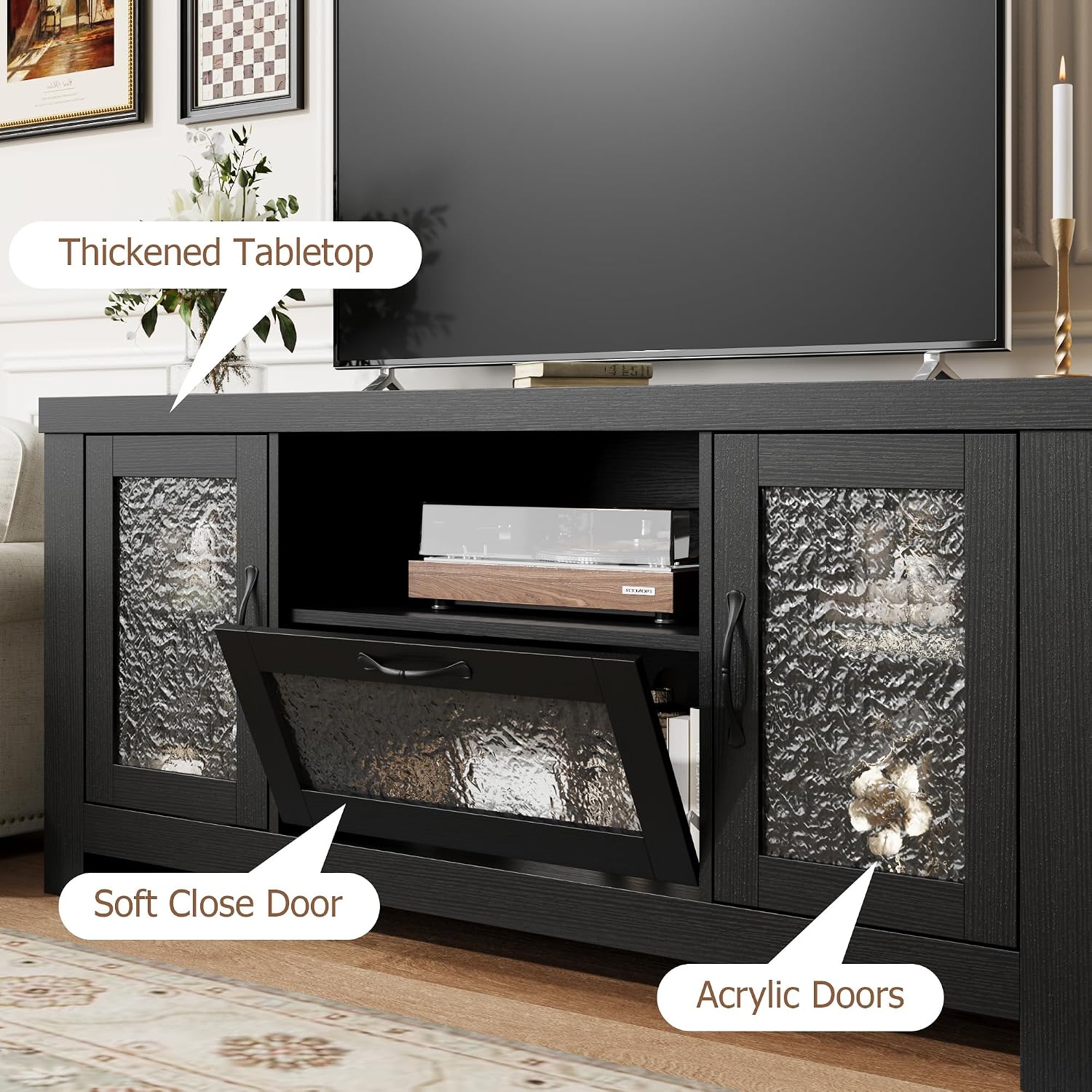 Farmhouse TV Stand for TVs up to 60 Inch, Wood Entertainment Center with Acrylic Door Storage Cabinets, Adjustable Shelves, Sturdy TV Console Table for Living Room Bedroom, Black