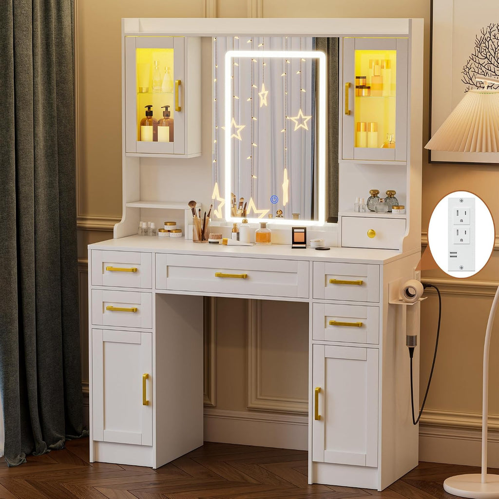 Vanity Desk with Mirror and LED Lights, Makeup Table with 2 Glass Cabinets and 2 Large Drawers, 3 Lighting Color Adjustable, Girls Dressing for Bedroom
