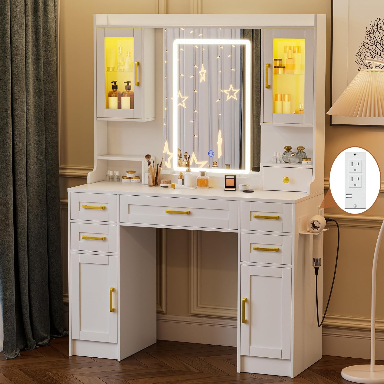 Vanity Desk with Mirror and LED Lights, Makeup Table with 2 Glass Cabinets and 2 Large Drawers, 3 Lighting Color Adjustable, Girls Dressing for Bedroom