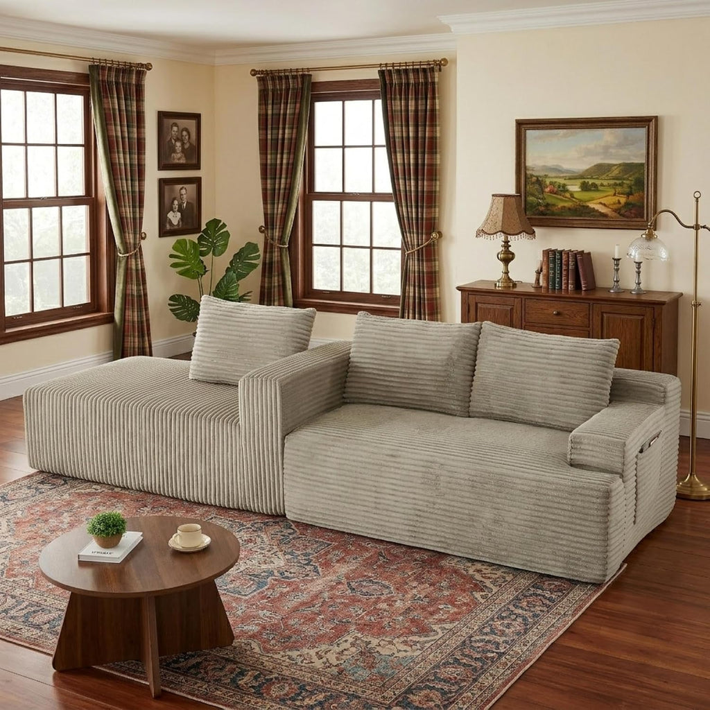 96' Corduroy Sectional Sofa Boneless Couches for Living Room - L Shaped Compressed Cloud Couch with Left Facing Chaise Lounge and Side Pockets