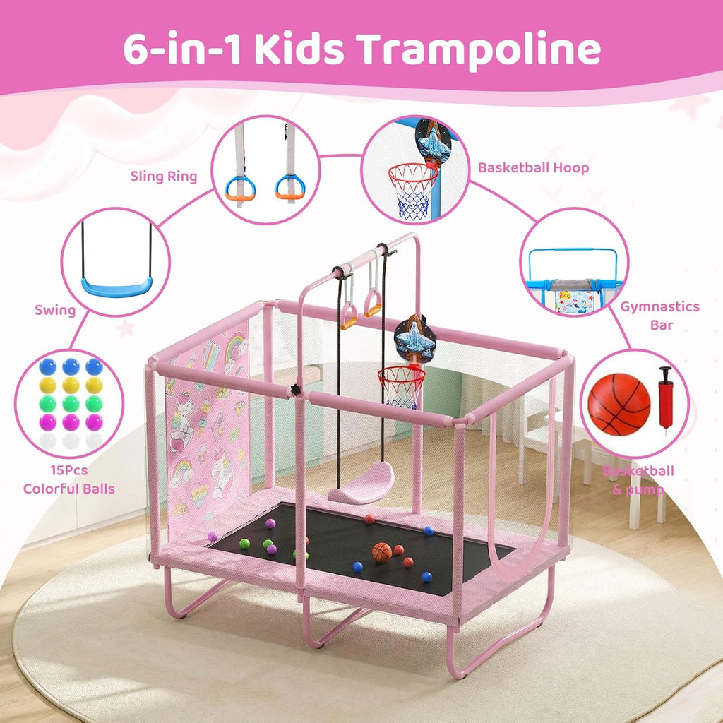 Mini Toddler Indoor Trampoline for Kids, Outdoor Toys Baby Kids Trampoline with Swing, Gymnastics Bar, Birthday Gifts for Boy Girl Age 1-8