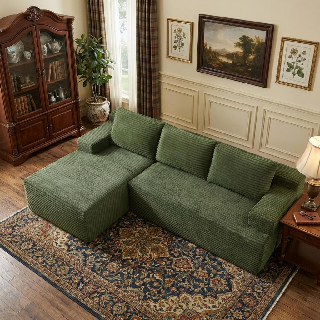 96' Corduroy Sectional Sofa Boneless Couches for Living Room - L Shaped Compressed Cloud Couch with Left Facing Chaise Lounge and Side Pockets