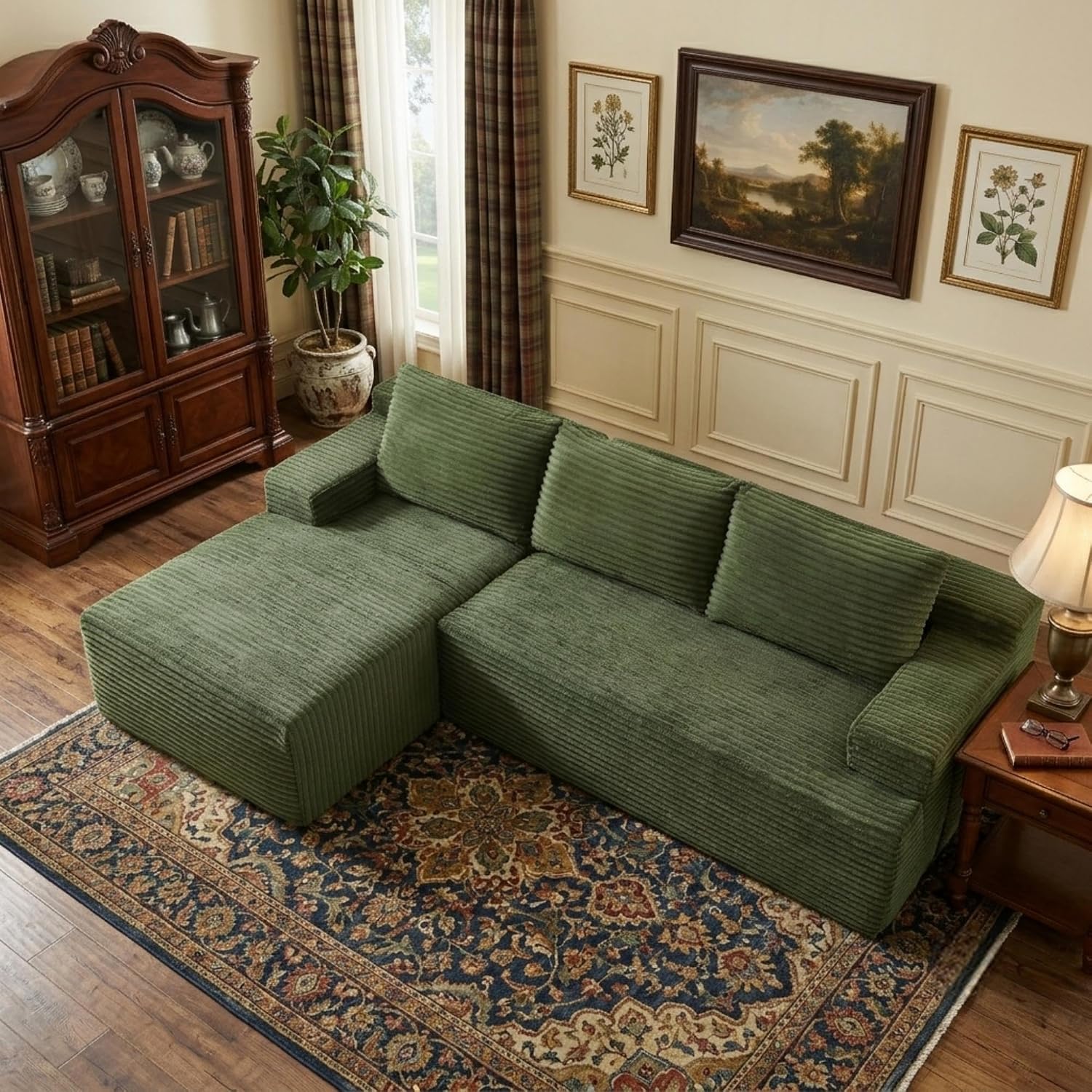 96' Corduroy Sectional Sofa Boneless Couches for Living Room - L Shaped Compressed Cloud Couch with Left Facing Chaise Lounge and Side Pockets