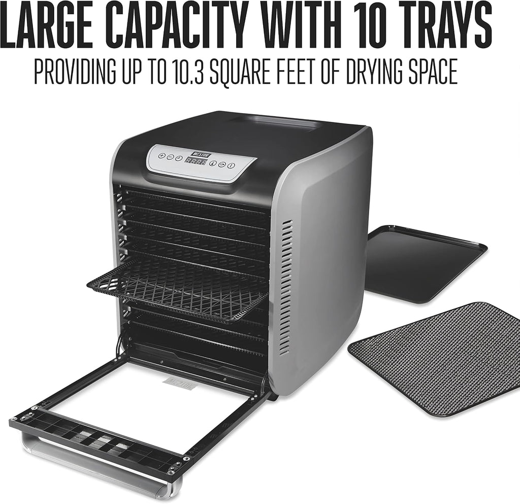Weston Food Dehydrator Machine for Jerky, Fruit, Meat, Herbs, Vegetables, with Precision Digital Temperature Control (90-160F), 10 Stackable Trays (10.3 sq. ft.), Gray (75-1001-W)