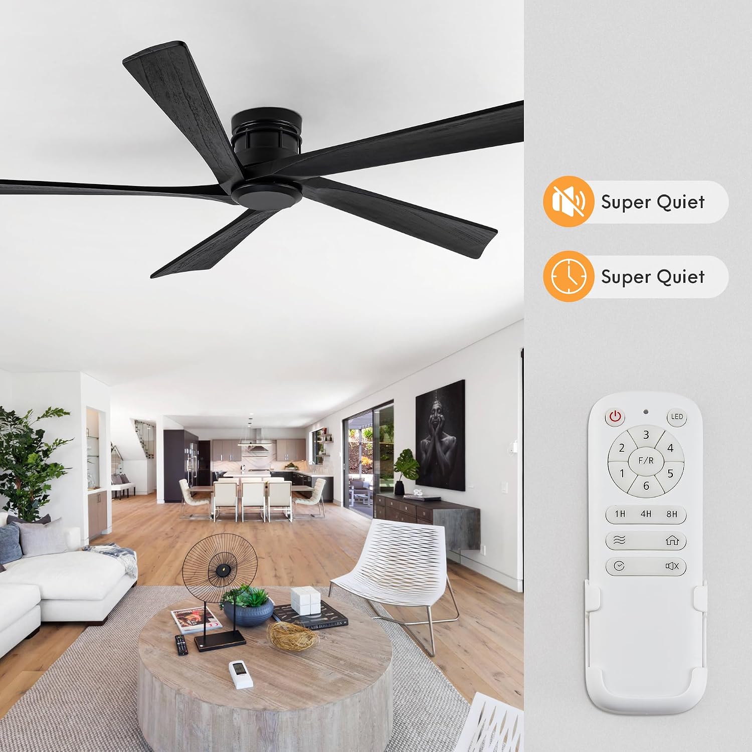 EKIZNSN 64 Inch Outdoor Low Profile Flush Mount Ceiling Fans without Lights for Patios, 110V Noiseless Reversible DC Motor, 6-Gear Speed (Black Finish with Black Blades)