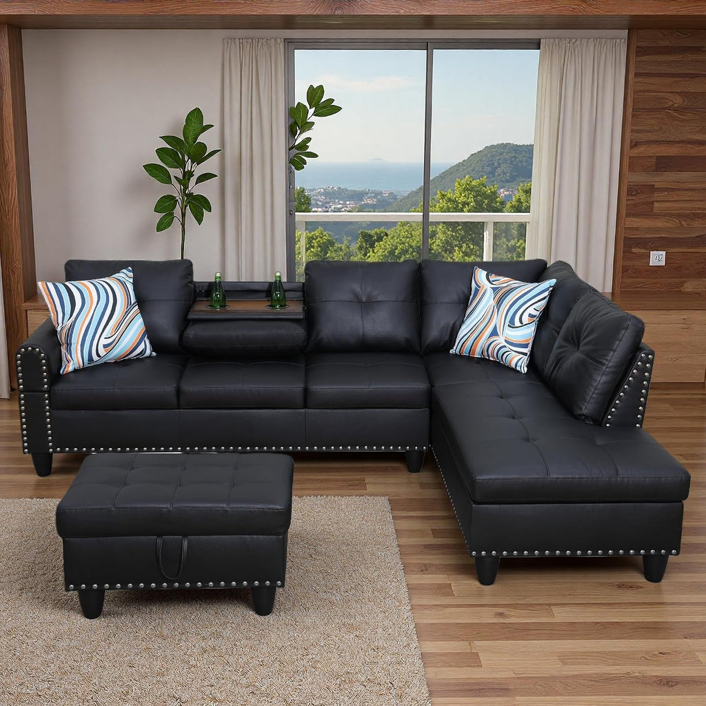 Sectional Couches for Living Room with Movable Chaise & Storage Ottoman - 97.5' Leather L Shaped Couches for Living Room Apartment, Home Modular Sectional Sofas with Cup Holder, Black