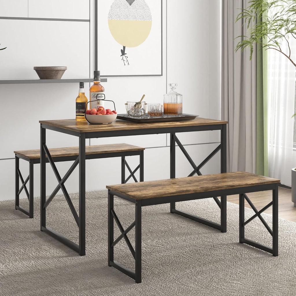 VECELO Kitchen Dining Table Benches Set for 4, 43.3' Wooden Dinette with 2 Benches, Heavy-Duty Dining Room Table for Small Space, Breakfast Nook, Brown
