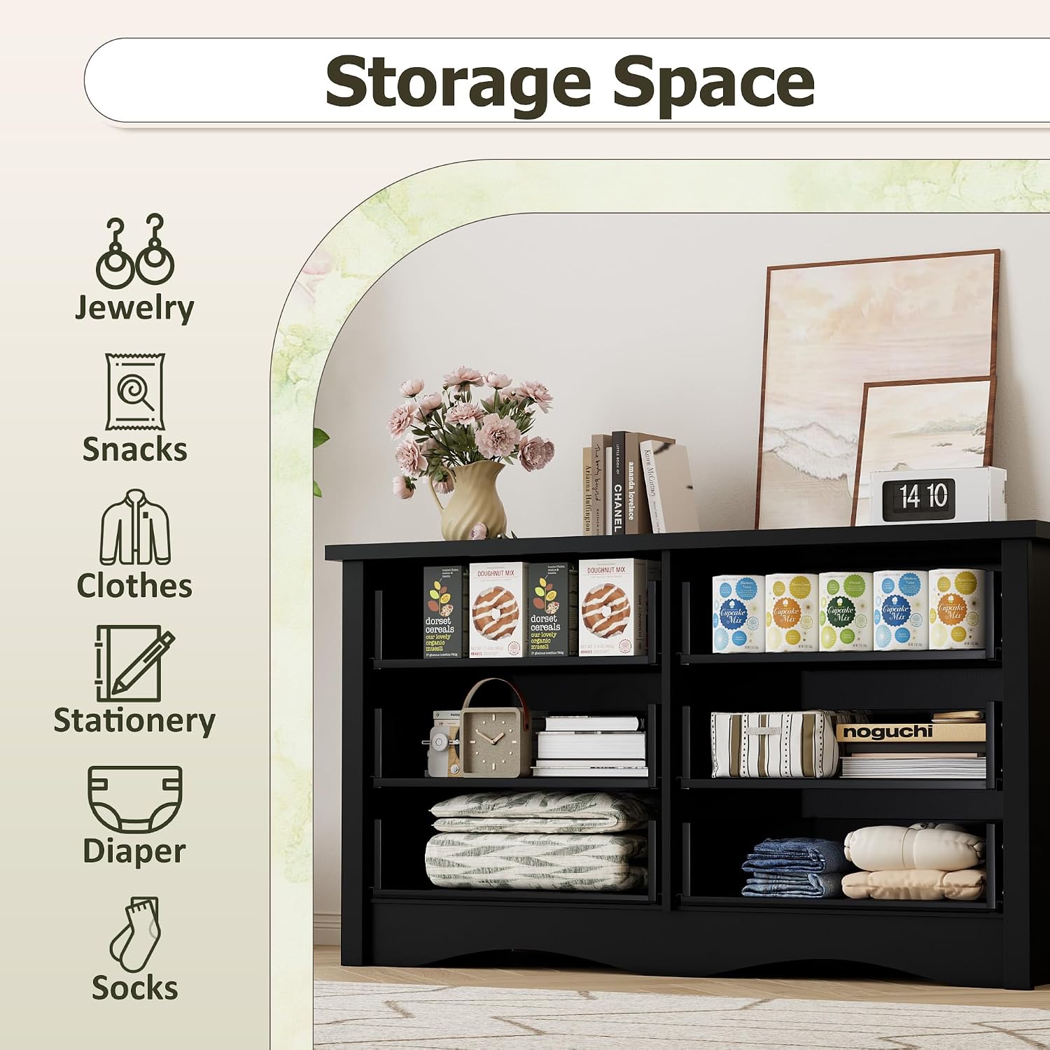 YESHOMY Black Dresser, 6 Drawers Dresser for Bedroom, Modern Chest of Drawers, Wooden Dressers, TV Stand for Living Room,Closet, Hallway