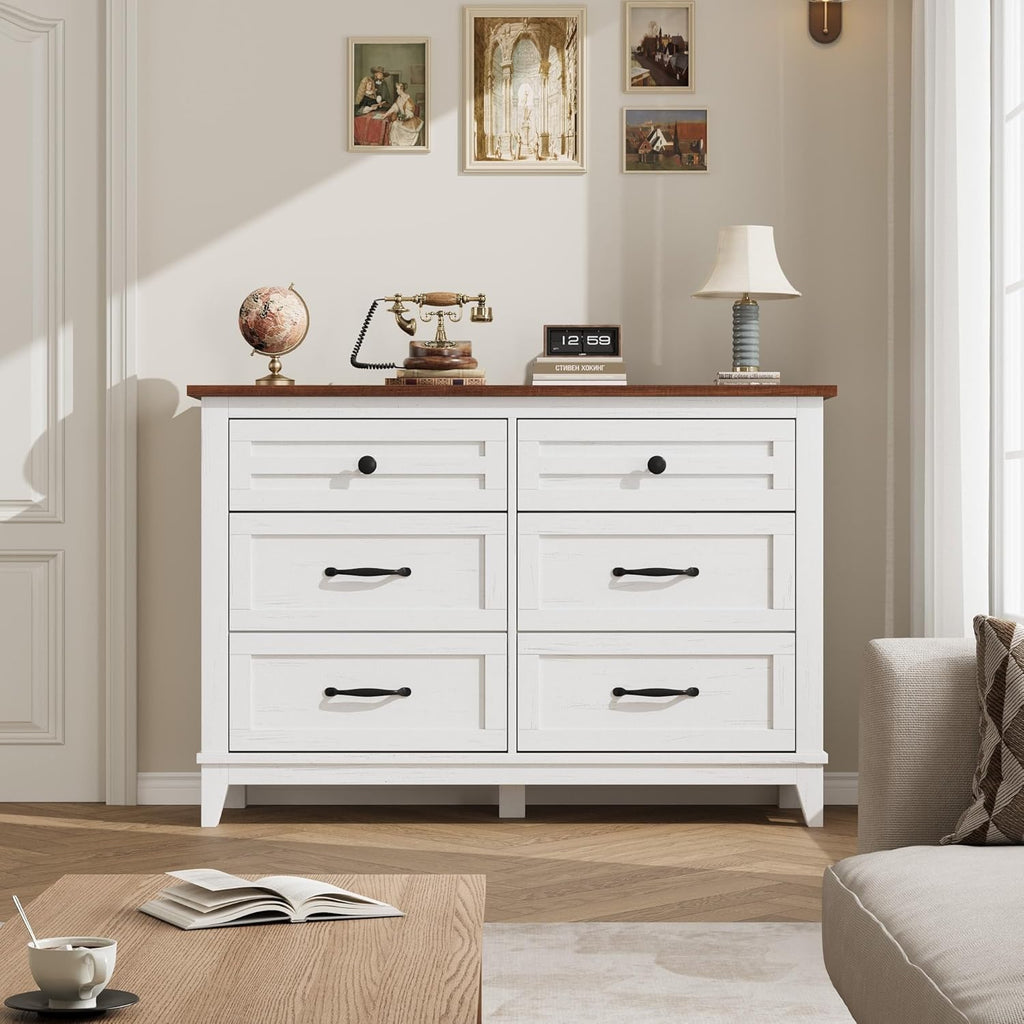 GarveeHome 6 Dresser for Bedroom, 47 in Wide Drawer Dresser with Storage Freestanding, Wooden Closet Storage Chest for Living Room, Bedroom, Entryway, White+Brown