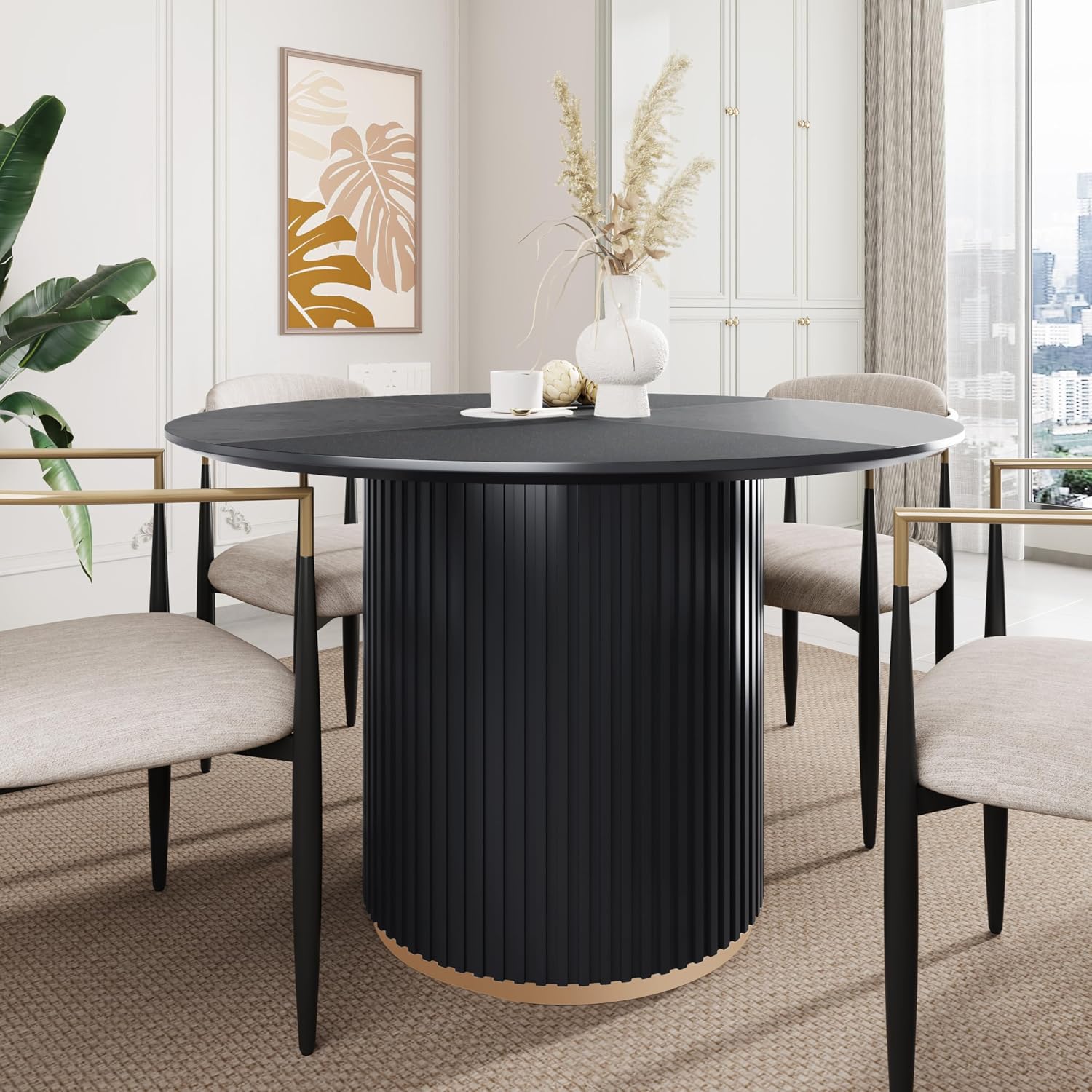 Christopher Knight Home Nalinga Modern Dining Table with Round Wood Table Top and Iron Pedestal Base, Metal Drum Base Kitchen Table for 4-6 People, Premium Quality, Black