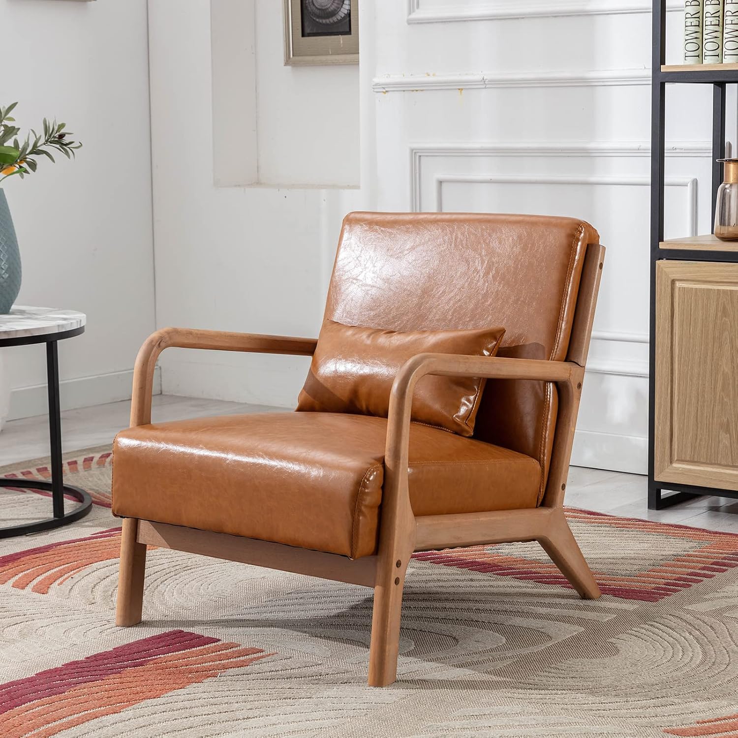 ANJ Mid Century Modern Accent Chair, PU Leather Reading Chair with Solid Wood Frame, Easy Assembly Armchair for Living Room