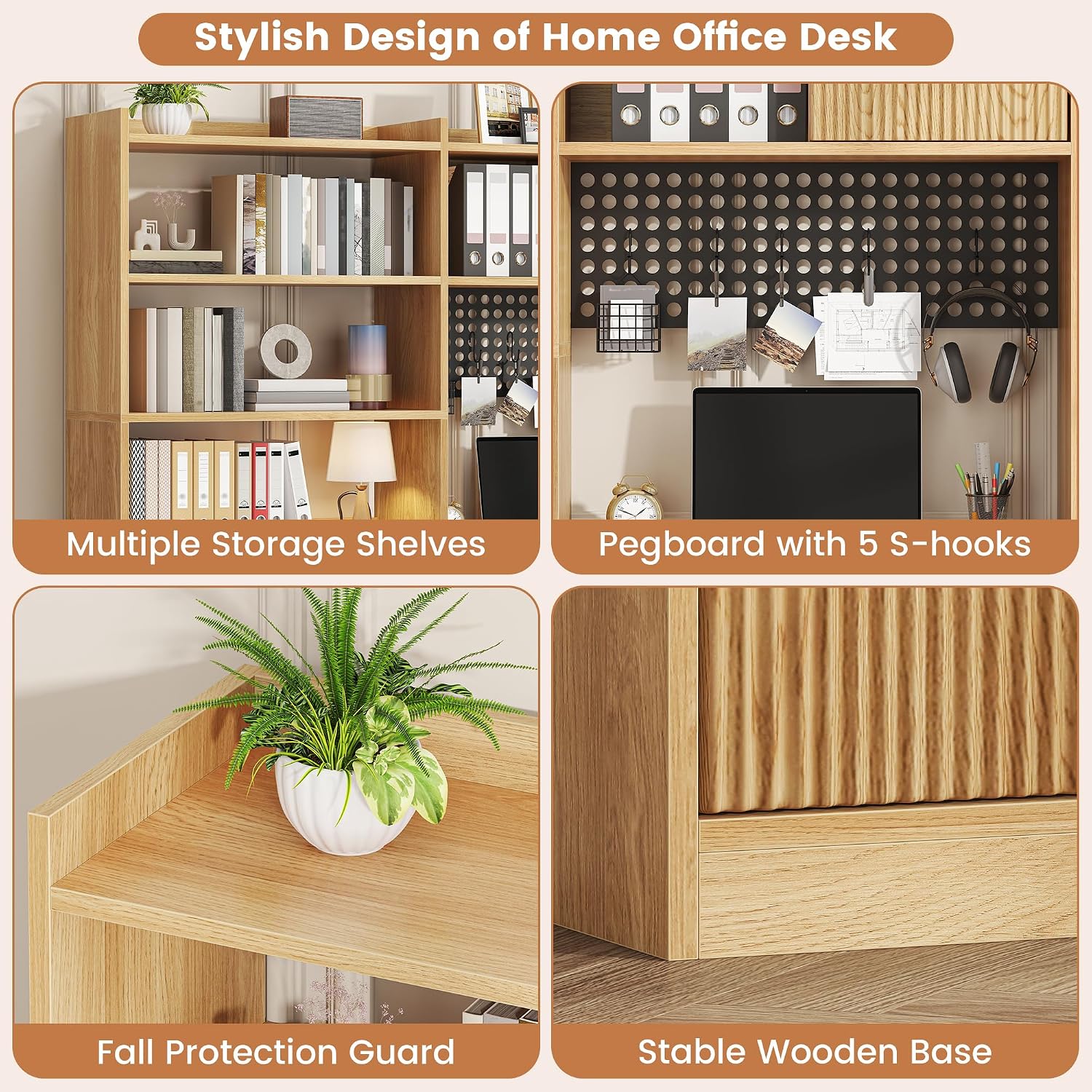 kepptory 63' Tall Computer Desk with Hutch, Fluted Wood Home Office Desk with Charging Station, Drawer & Storage Cabinet, Oak Workstation for Work & Study