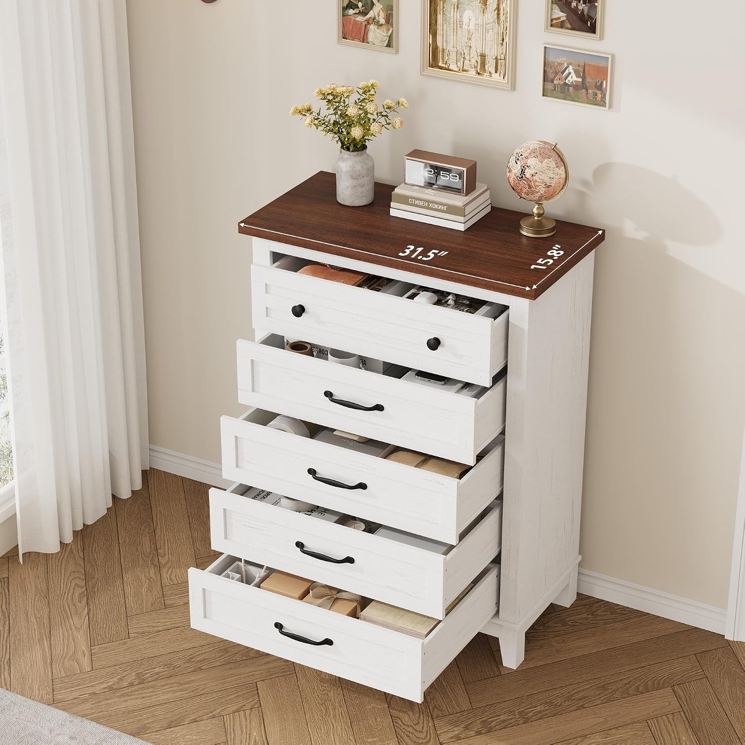 GarveeHome 5 Dresser for Bedroom, 41.3 in Tall Vertical Drawer Dresser with Large Storage, Freestanding Wooden Closet Chest for Bedroom, Living Room, White + Brown
