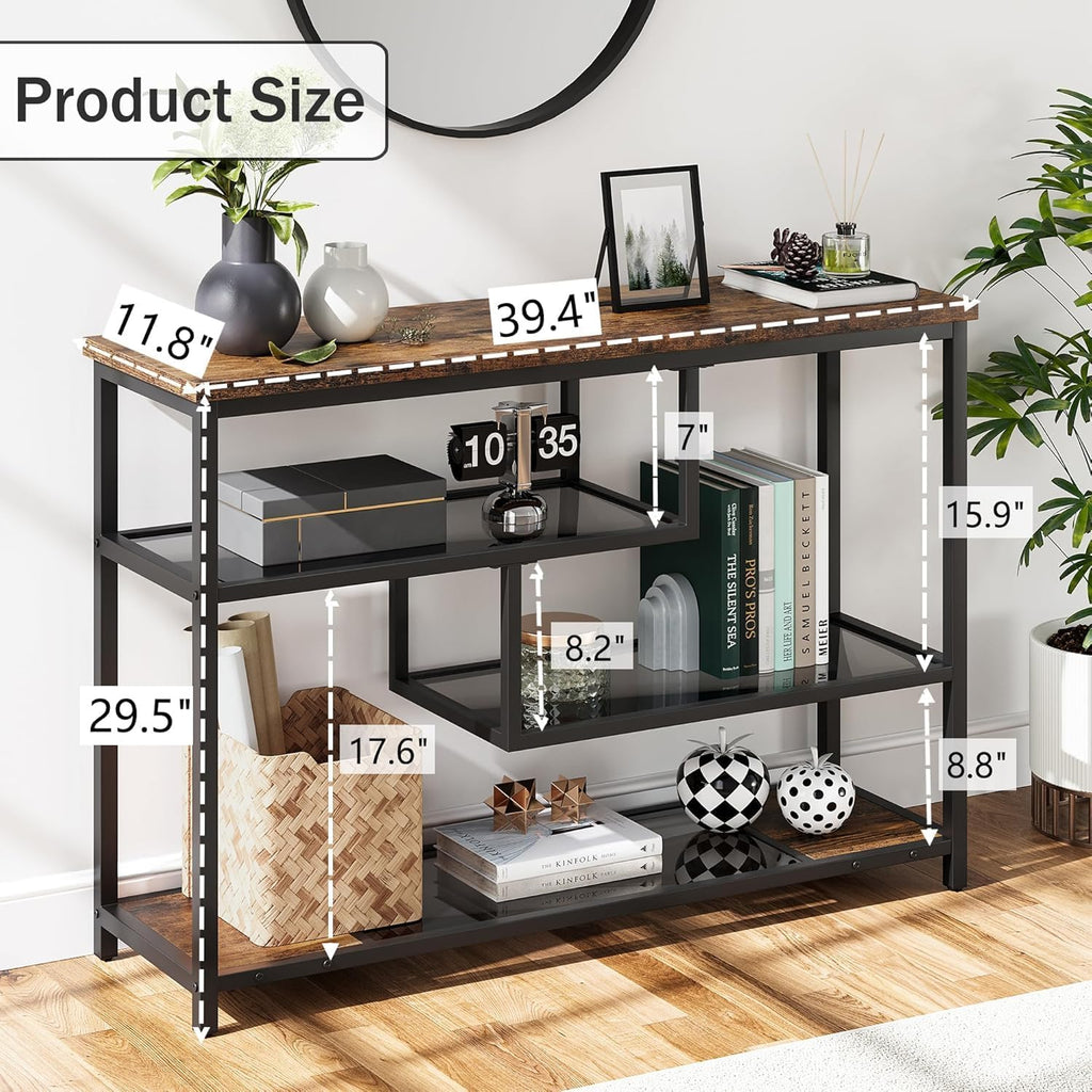 IDEALHOUSE 39.4' Console Table 4-Tier Narrow Entryway Table with Glass Storage Shelf and Metal Frame for Hallway, Living Room, Foyer, Bedroom, Corner Tables, Small Space Furniture, Rustic Brown