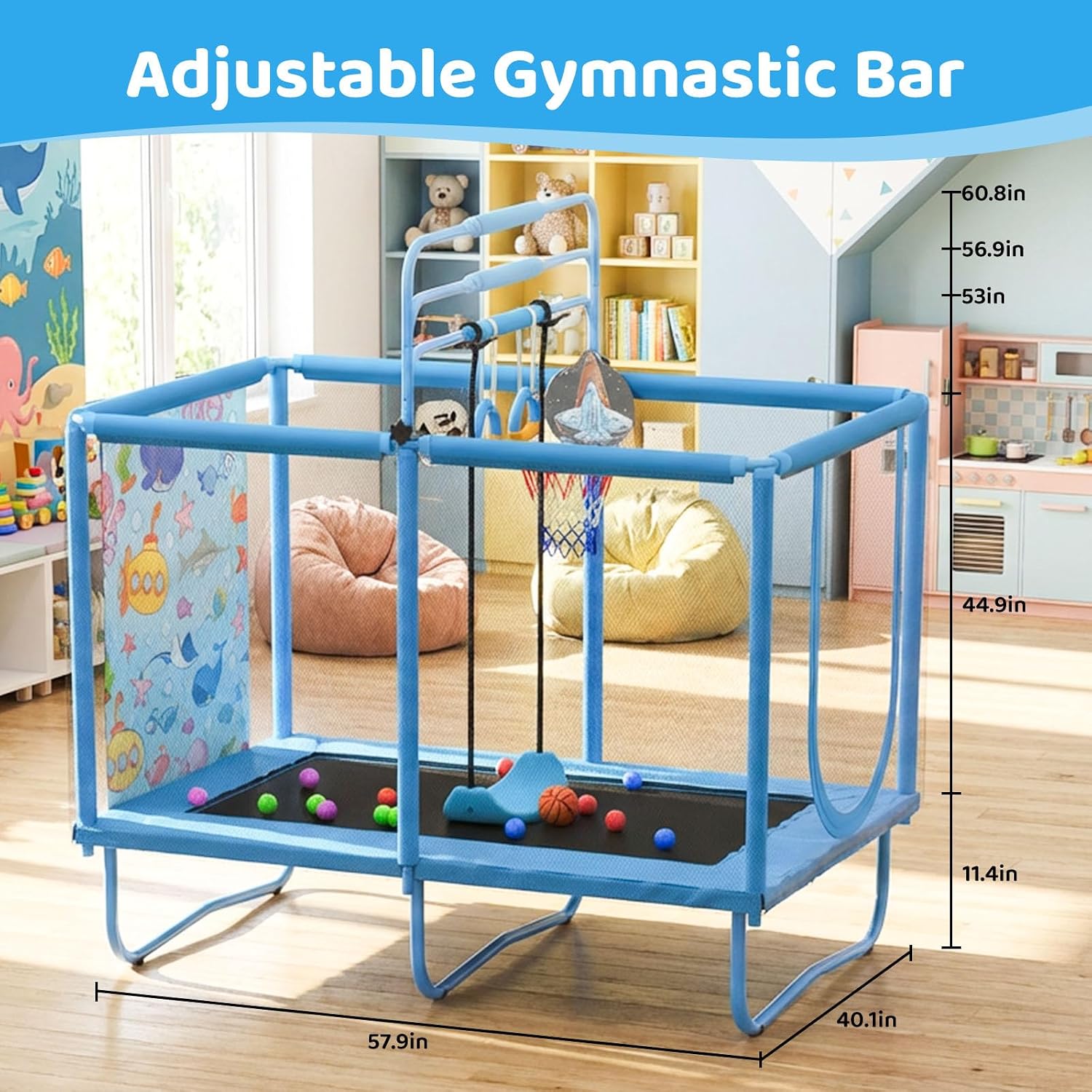 Mini Toddler Indoor Trampoline for Kids, Outdoor Toys Baby Kids Trampoline with Swing, Gymnastics Bar, Birthday Gifts for Boy Girl Age 1-8