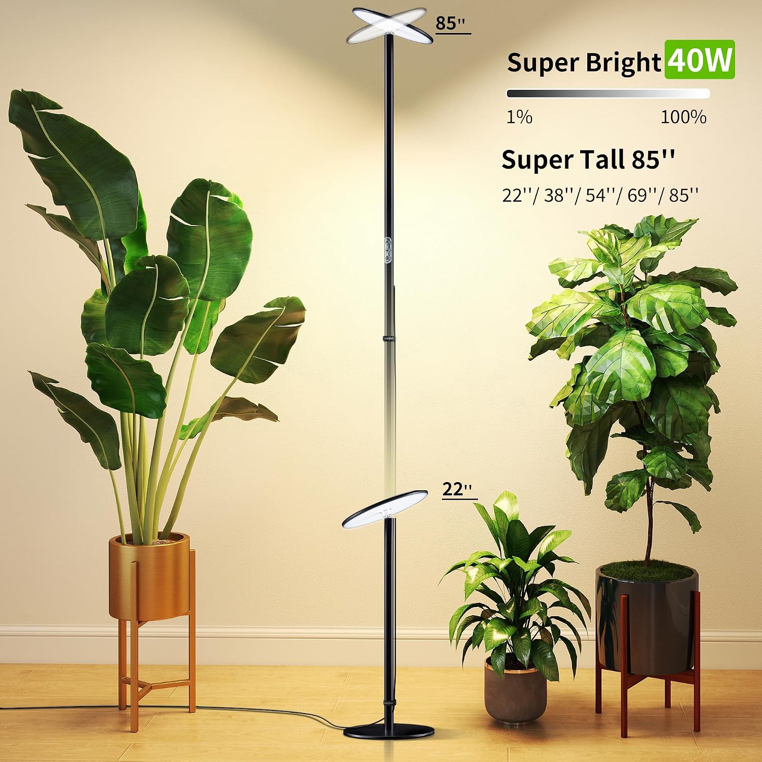 chiphy Grow Lights, 85' Full Spectrum Plant Light for Indoor Plants, 40W Grow Lamp, 10 Dimmable Brightness, Height Adjustable, Ideal for Large Tall Plants