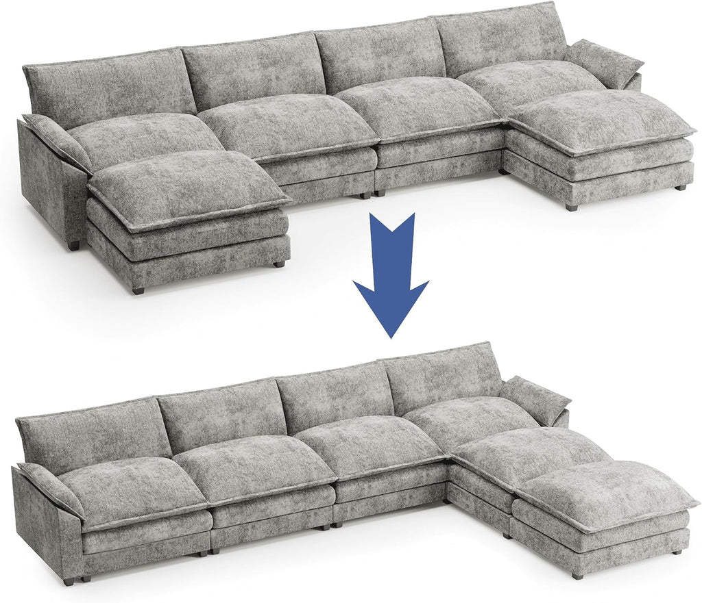Shahoo Couches for Living Room, Sectional Modular Sofa U Shaped Chenille Fabric Couch with High Supportive & Soft Sponges and Removable Ottoman, Sleeper Comfy Upholstered Couch, Grey