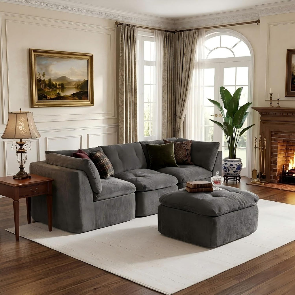 Tufted Cushions Cloud Sectional Boneless Sectional Sofa with Movable Ottoman, 112' Oversized Modular Convertible L Shaped Corner Couch with Deep Seat,Memory Foam Compressed Sofa