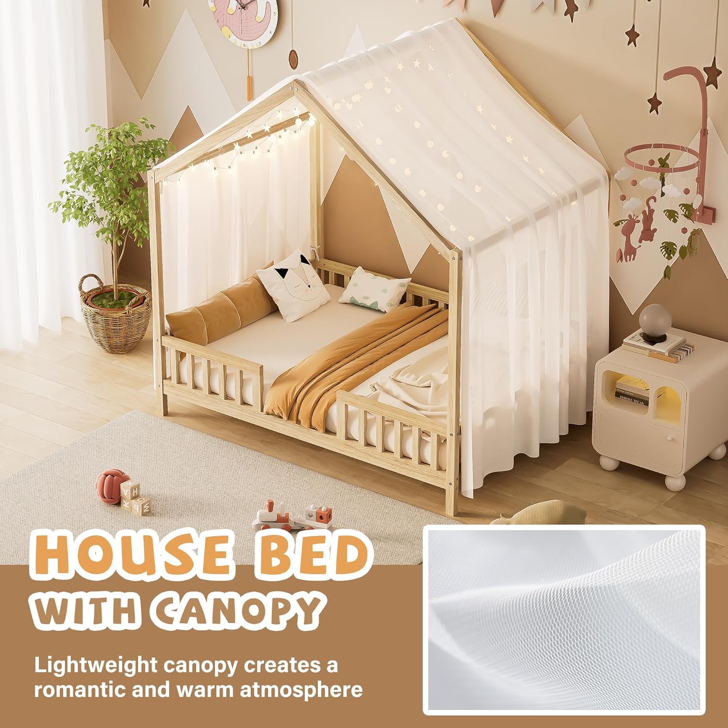 Bellemave Full House BedFrame with Canopy, Montessori Floor Bed, House Bed with Rails for Kids, Natural