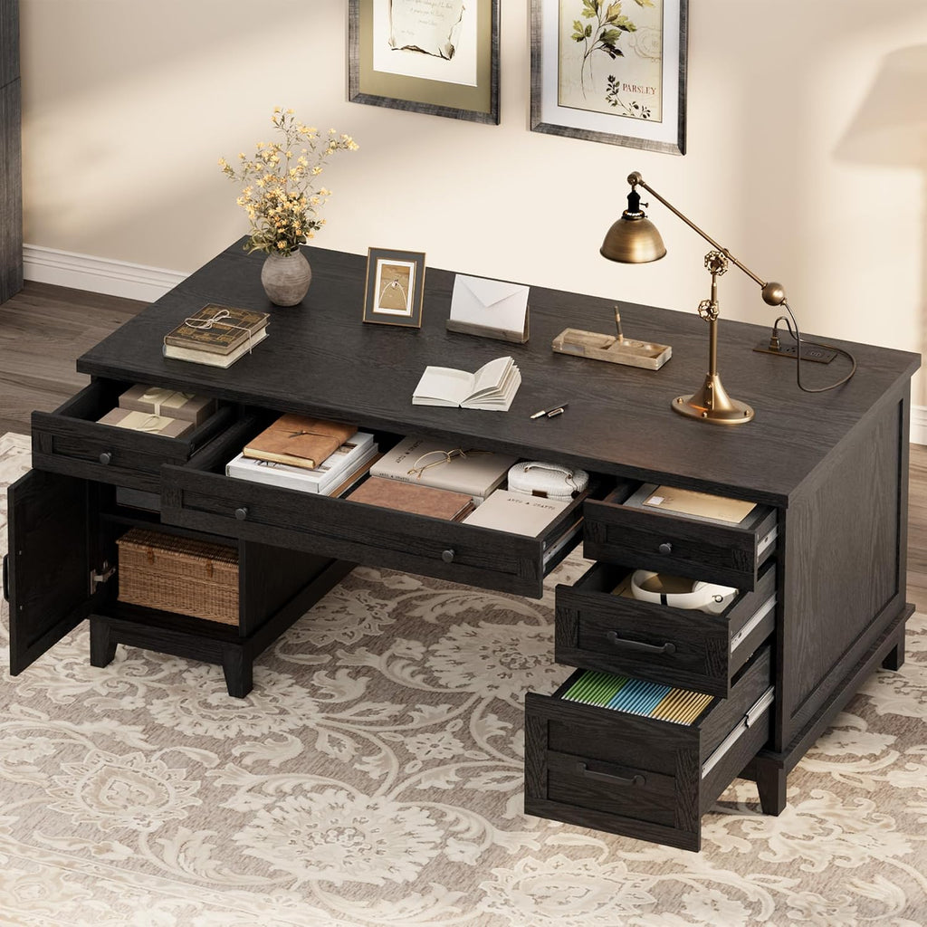 IDEALHOUSE Farmhouse Executive Desk 60 Inch, All-in-One Home Office Table with Built-in Charging Port, Rustic Wooden Computer Desk with File Drawers for Work, Rustic Black