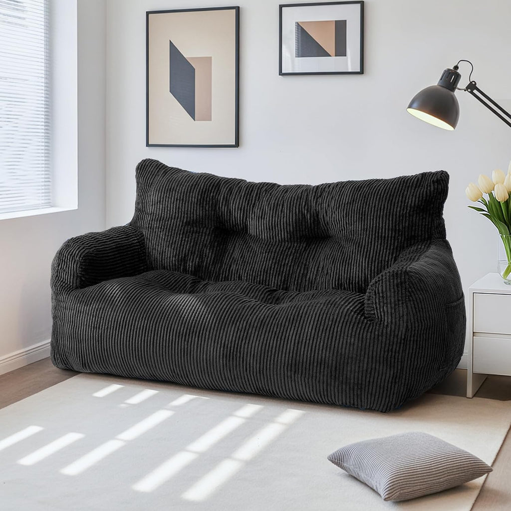 59' Bean Bag Chair,2 Seat Loveseat Sofa,Corduroy Lazy Sofa Bed for Adults,Fit Living Room, Bedroom,Outdoor Spaces,Ultra Soft Dutch Velvet,Fluffy Comfort Cover,Black