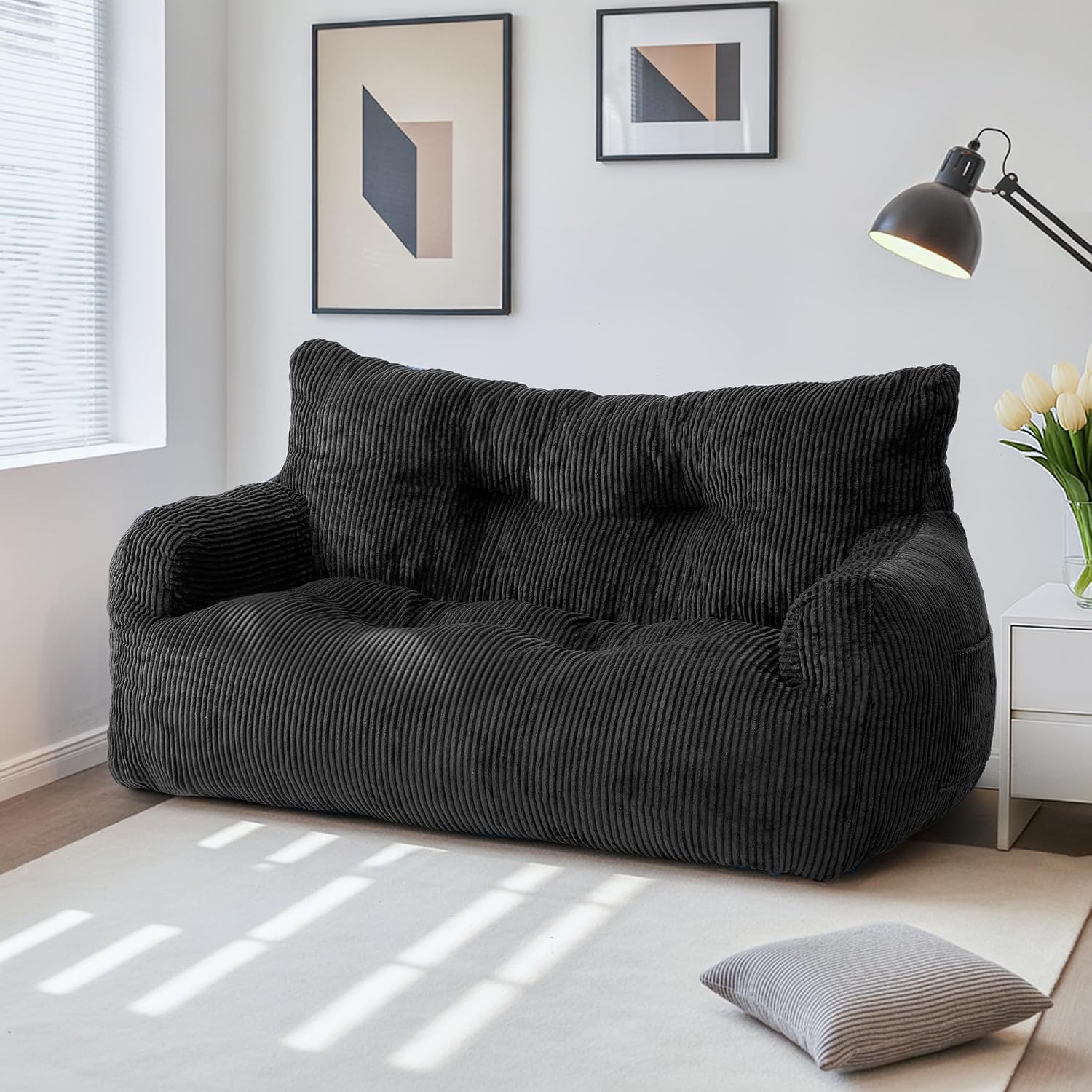 59' Bean Bag Chair,2 Seat Loveseat Sofa,Corduroy Lazy Sofa Bed for Adults,Fit Living Room, Bedroom,Outdoor Spaces,Ultra Soft Dutch Velvet,Fluffy Comfort Cover,Black