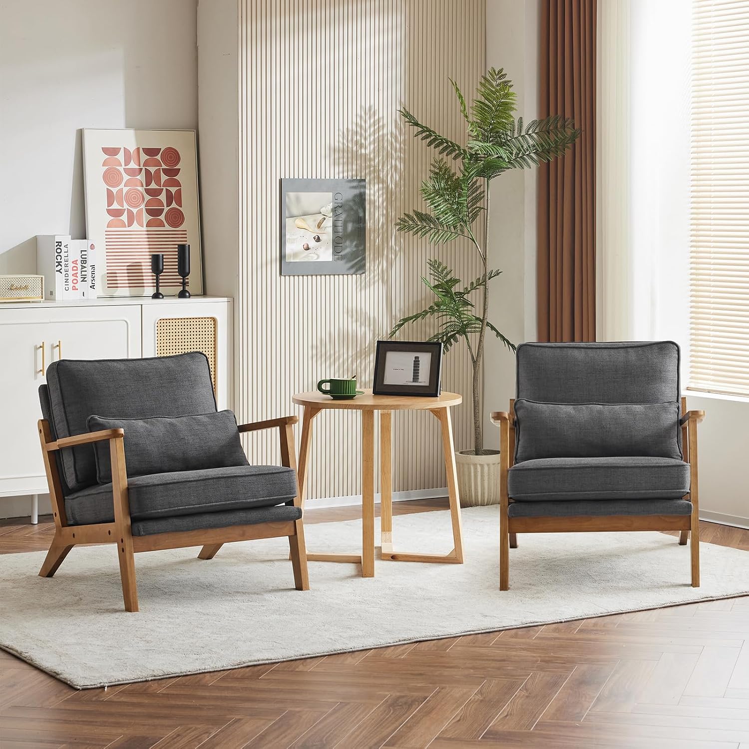 Karl home Accent Chair Wide Armrest Mid-Century Lounge Chair Linen Fabric Armchair with Lumbar Pillow & Solid Wood Frame for Living Room, Bedroom, Balcony, Gray
